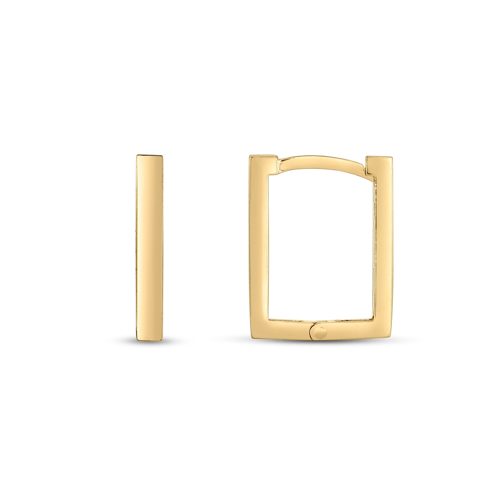 14K Gold Small Rectangle Hoop Earrings: Hinged Closure