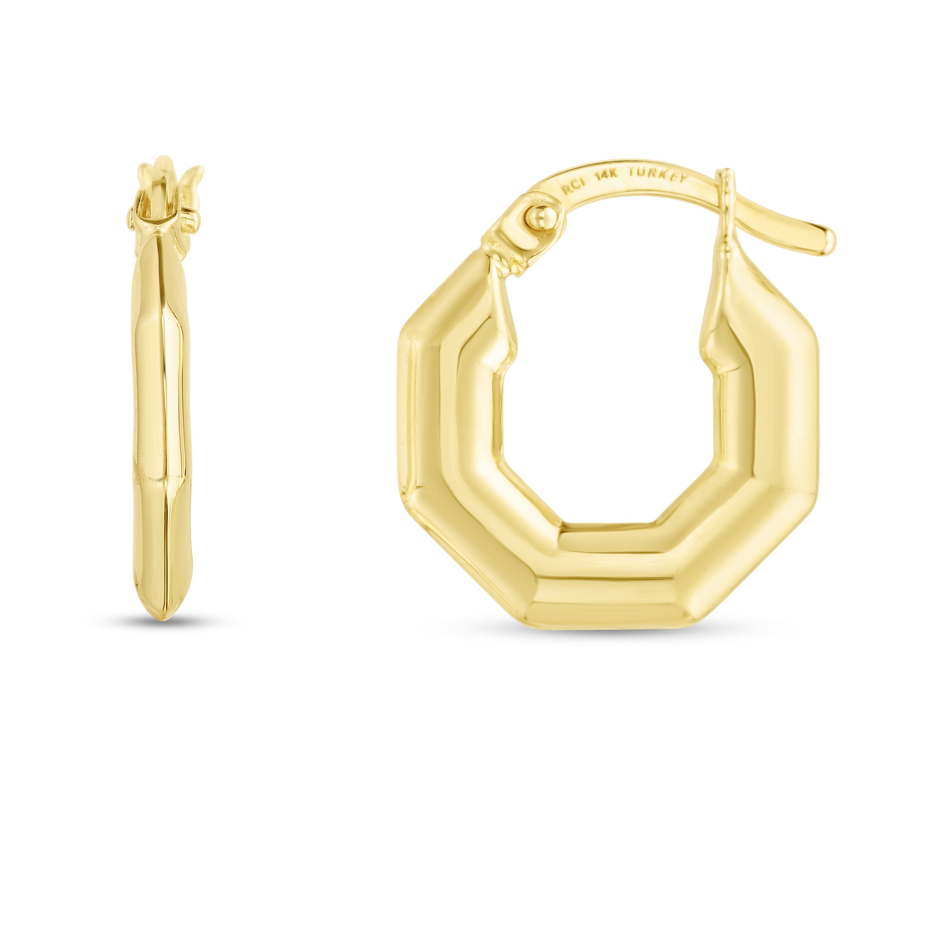 14K Gold Small Puffed Hexagon Hoops