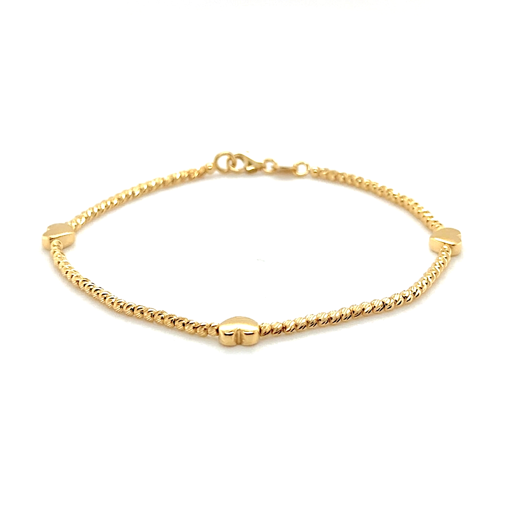 14K Solid Gold Puffed Heart Station Bead Bracelet – Diamond Cut, Elegant, Durable