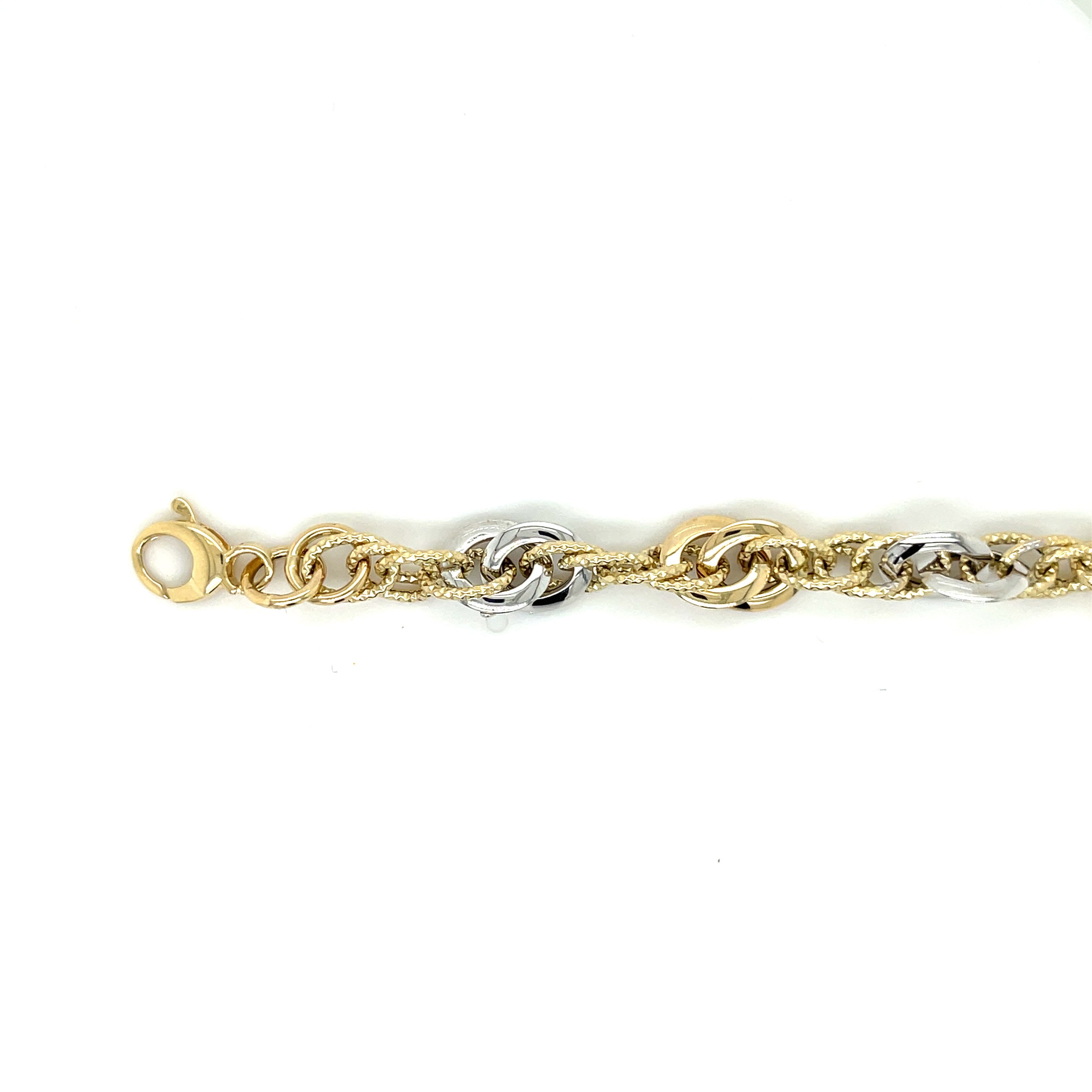 Gift idea: 14K Two-Tone Gold Bracelet with polished and textured interlocking links, making it an excellent present for special celebrations and milestones.