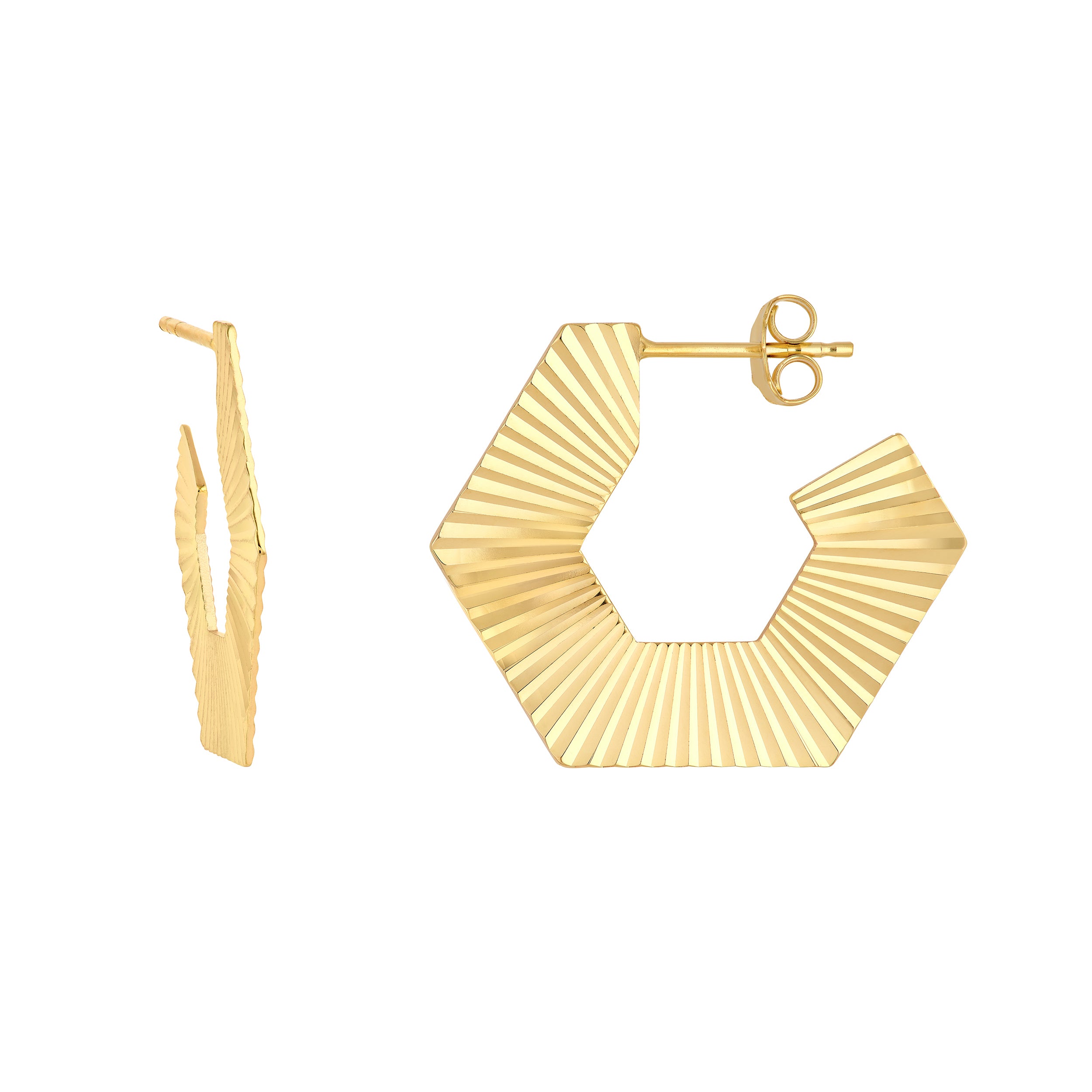14K Gold Textured Hexagon Post Hoops
