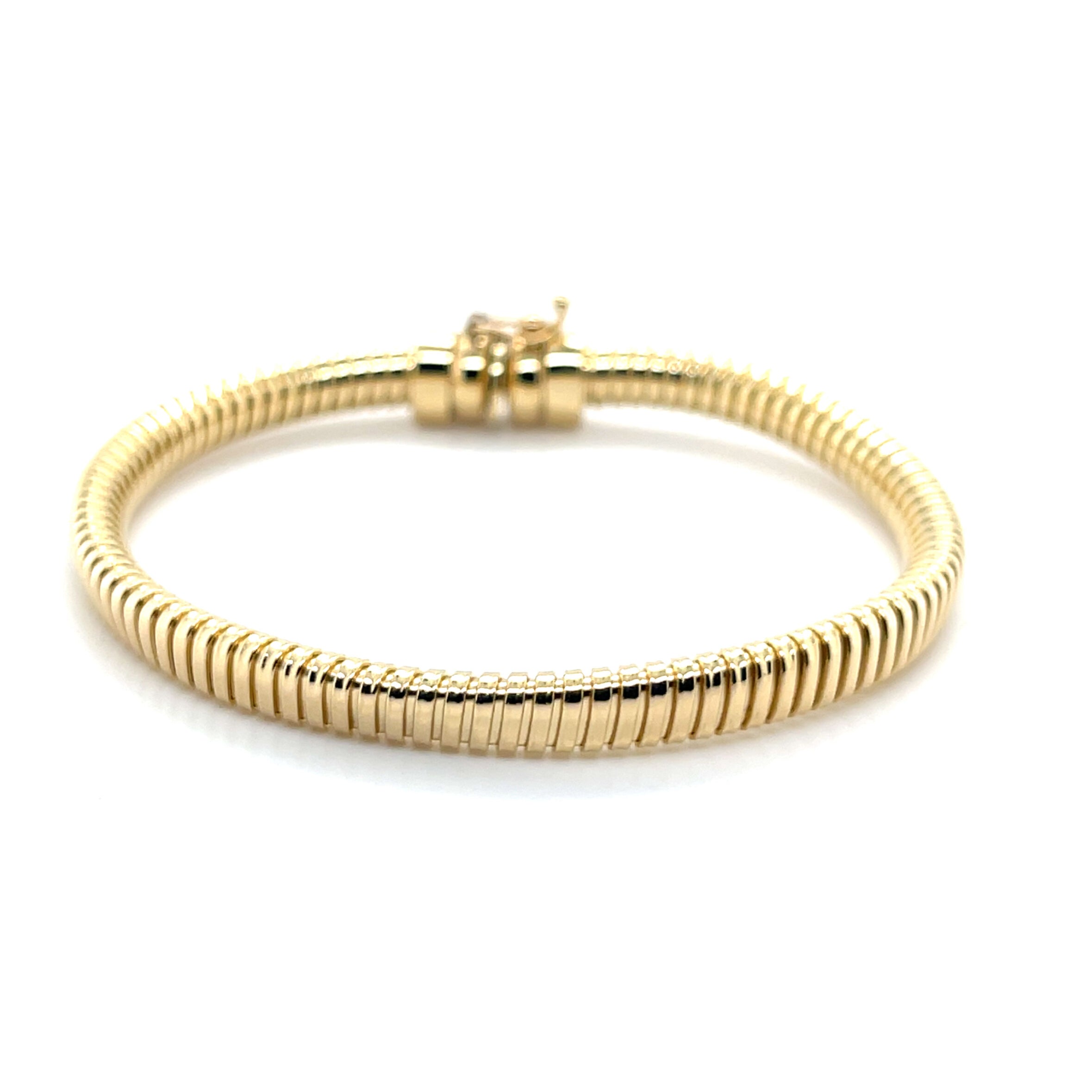 Elegant 14K yellow gold Tubogas bracelet with a polished coil design that is durable, versatile, and timeless. A luxury jewelry piece perfect for everyday wear, birthdays, anniversaries, or milestone celebrations, offering both comfort and sophistication.