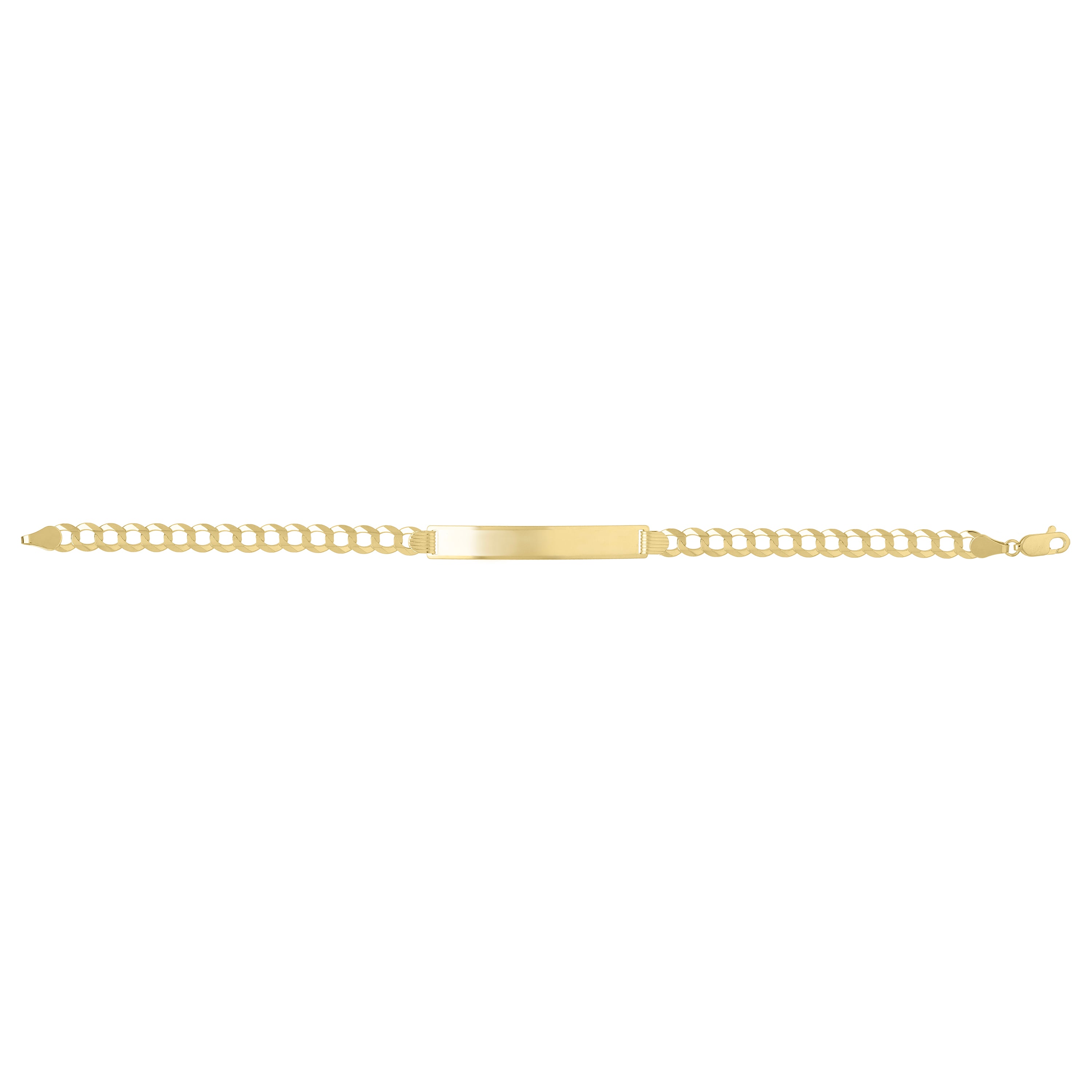 14K solid gold ID bar curb link bracelet featuring a sleek engravable plate and bold chain links. Designed in 7- and 8-inch lengths, this durable and tarnish-resistant bracelet is water-safe and secured with a lobster claw clasp. A versatile fine jewelry piece that makes an elegant and personalized gift for men or women on birthdays, anniversaries, or milestone occasions.