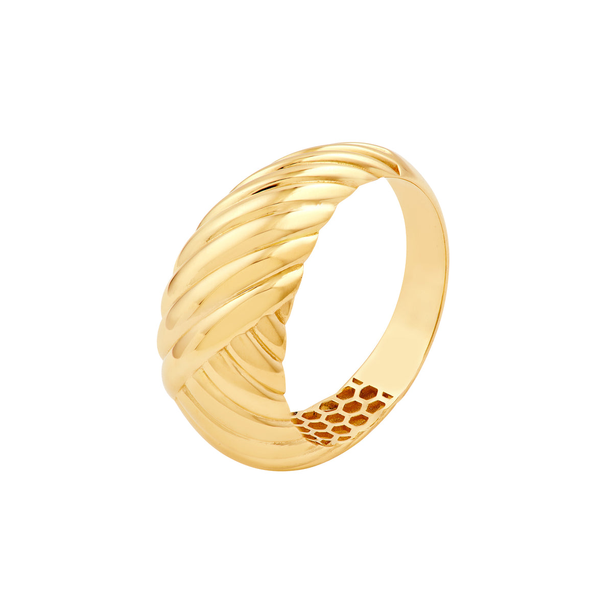 Dome ring with woven-inspired layered gold details and smooth polished finish