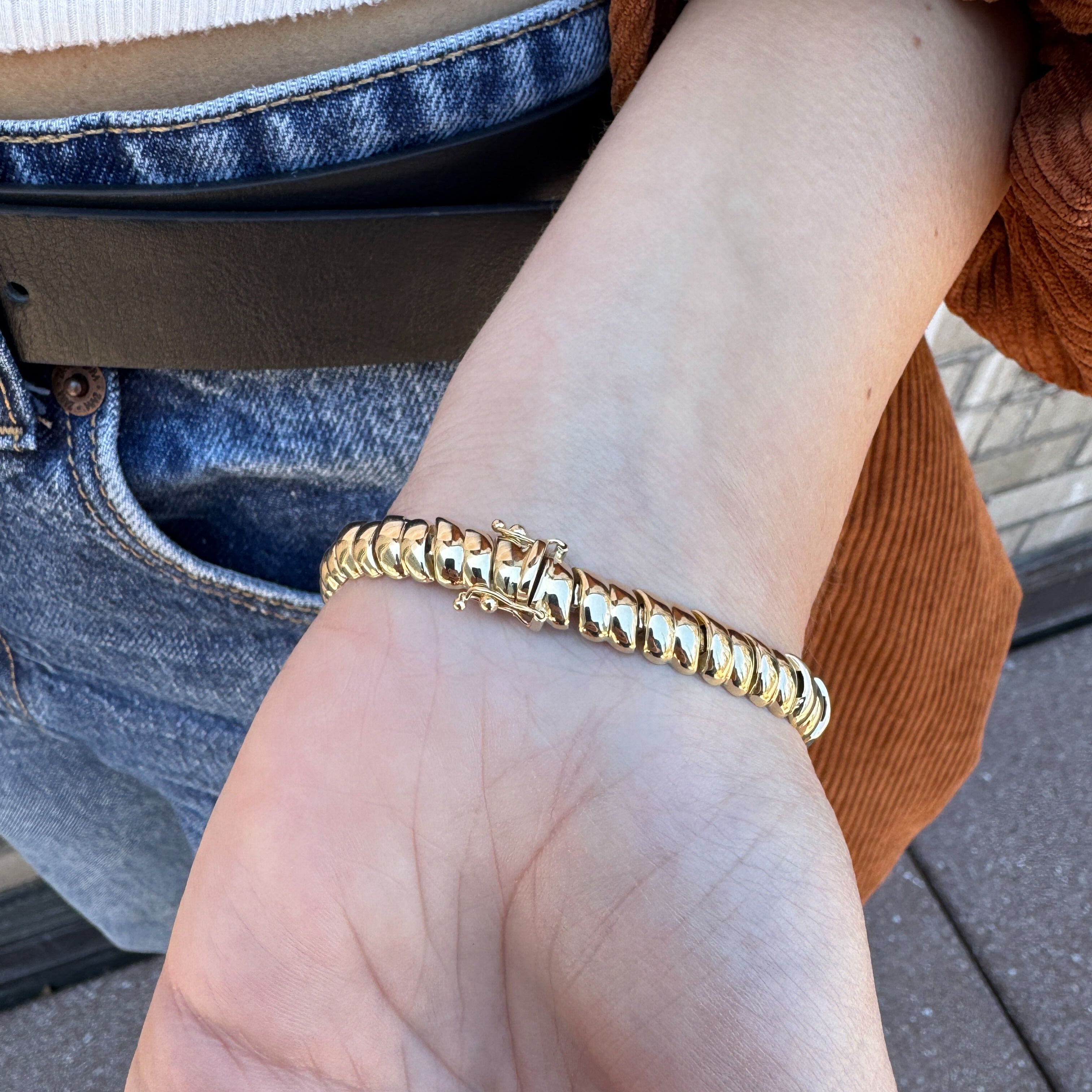 14K Gold Bracelet worn with earth-tone cardigan and natural textures, great for autumn brunch looks or casual-luxury city outfits