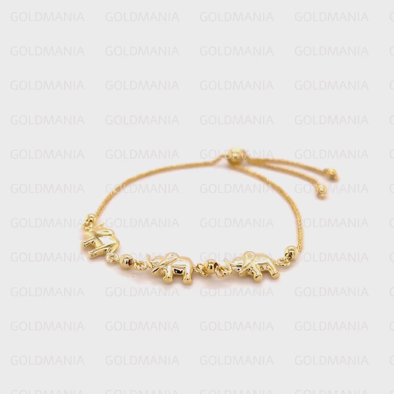 14K solid gold elephant charm friendship bracelet featuring three polished elephant charms on a dainty adjustable chain with a slide clasp. Durable, elegant, and versatile, this fine jewelry piece makes a thoughtful gift for birthdays, anniversaries, or everyday wear.