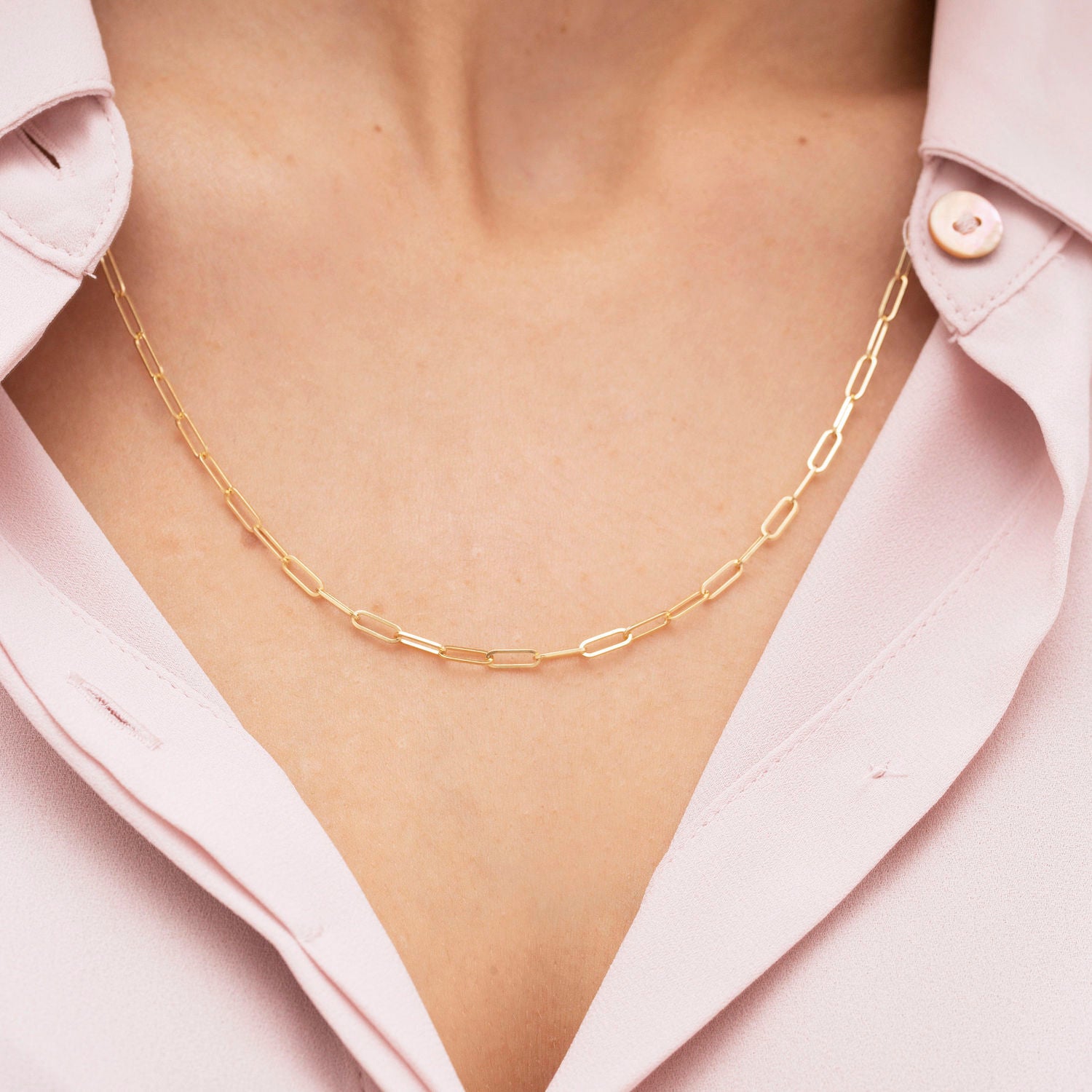 Lightweight paperclip necklace in gold perfect for effortless chic styling.