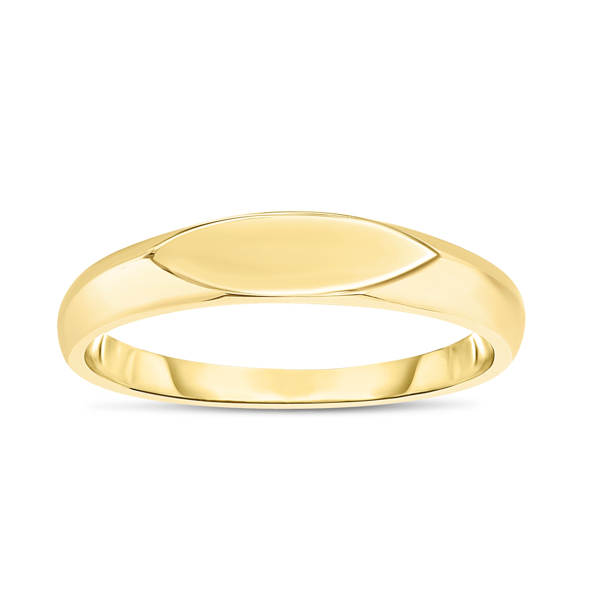 A refined 14K gold slim oval signet ring, offering a minimalist and elegant design. This polished piece is perfect for daily wear, adding timeless sophistication to any outfit. Its hypoallergenic, tarnish-resistant properties make it a durable and versatile accessory for all occasions, from casual outings to special events.