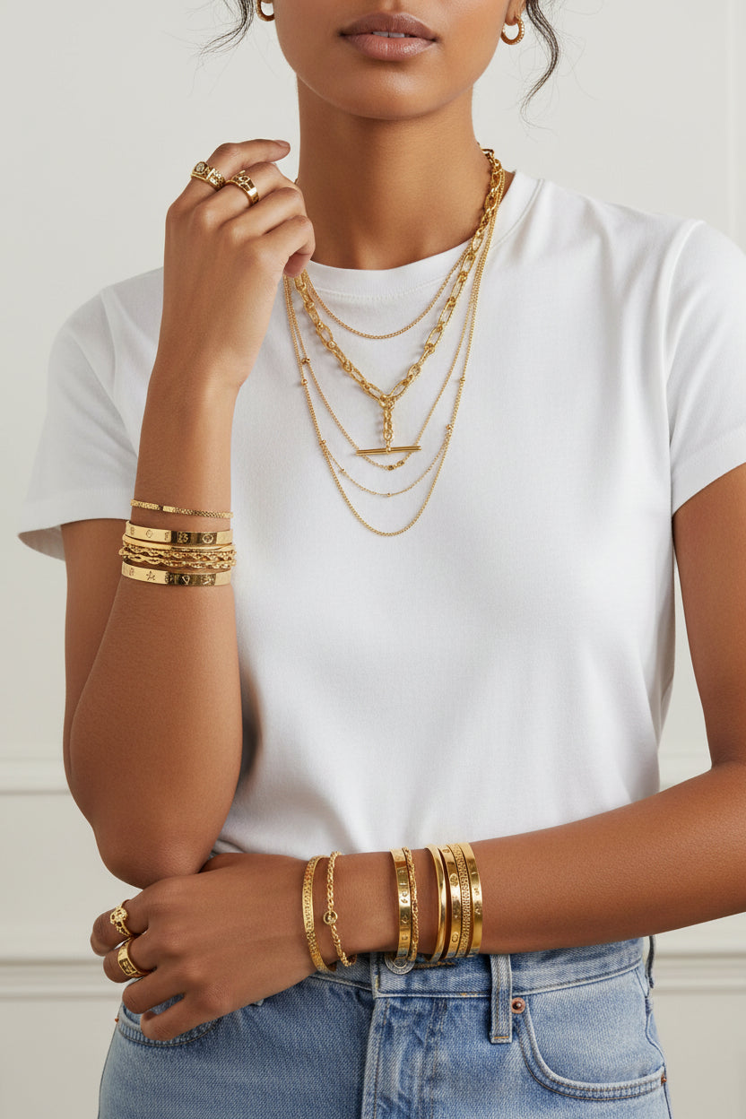 14K Gold T-Bar Drop Chain Necklace, paired with a white t-shirt and denim jeans. The necklace adds a sophisticated, refined touch to a casual look, perfect for everyday wear or special events.