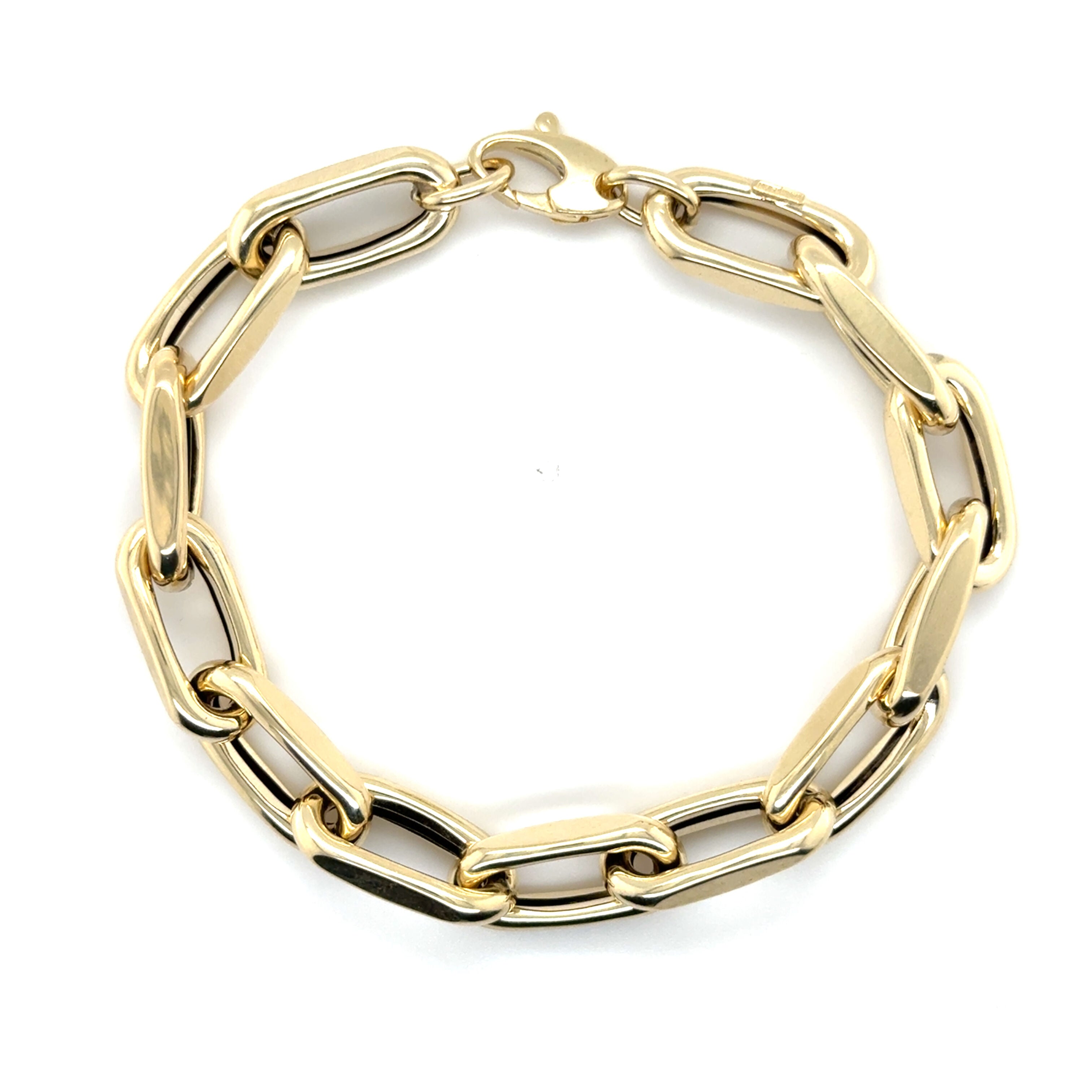 Bold 14K yellow gold chunky faceted cable link bracelet featuring 9mm thick links and a secure lobster clasp. This durable and polished chain bracelet offers timeless style, perfect for birthdays, anniversaries, weddings, or milestone celebrations.