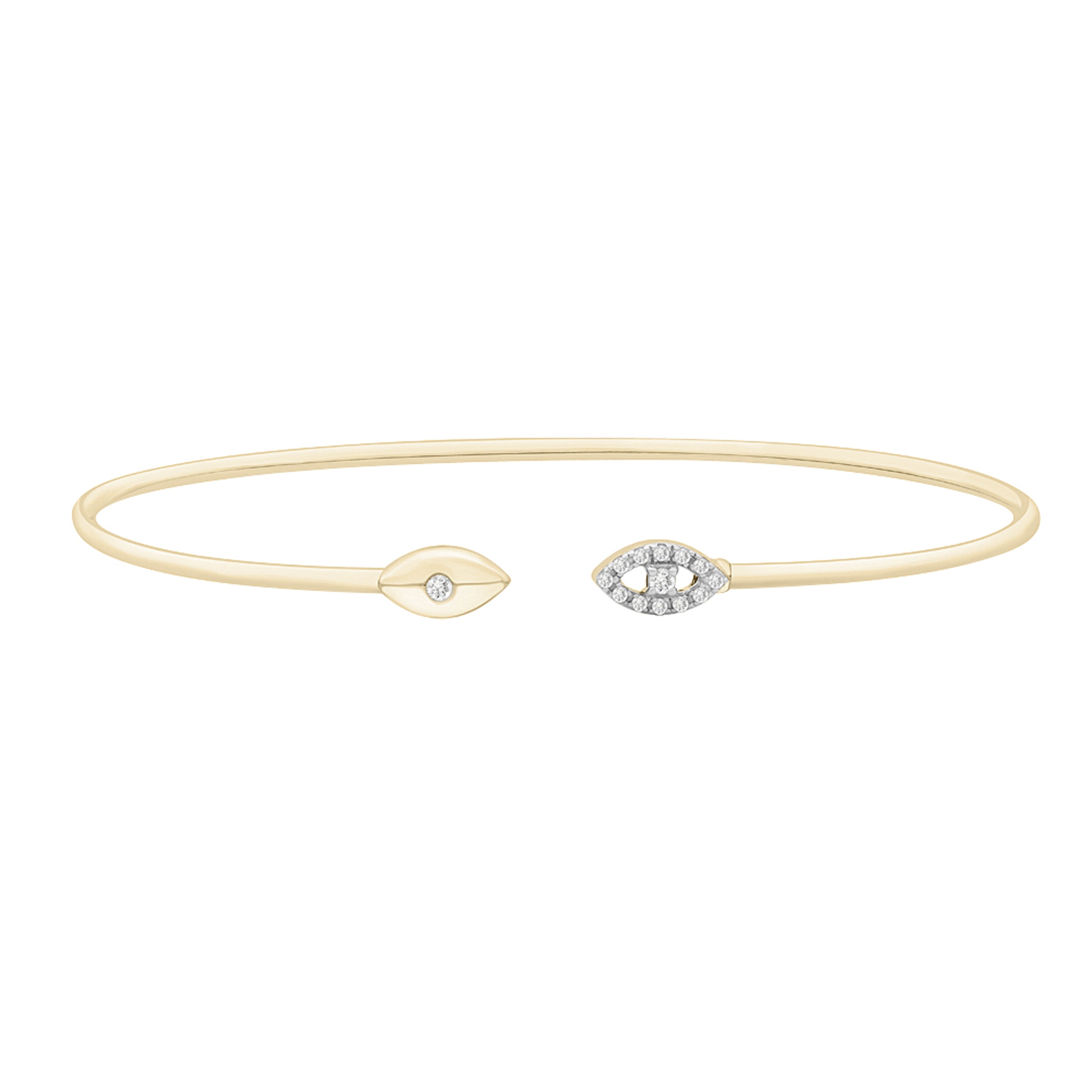The 14K Yellow Gold Diamond Open Cuff Bangle features marquise-shaped ends with a row of pave-set natural diamonds, exuding sophistication and sparkle. Perfect for adding a touch of luxury to both casual and formal wear.