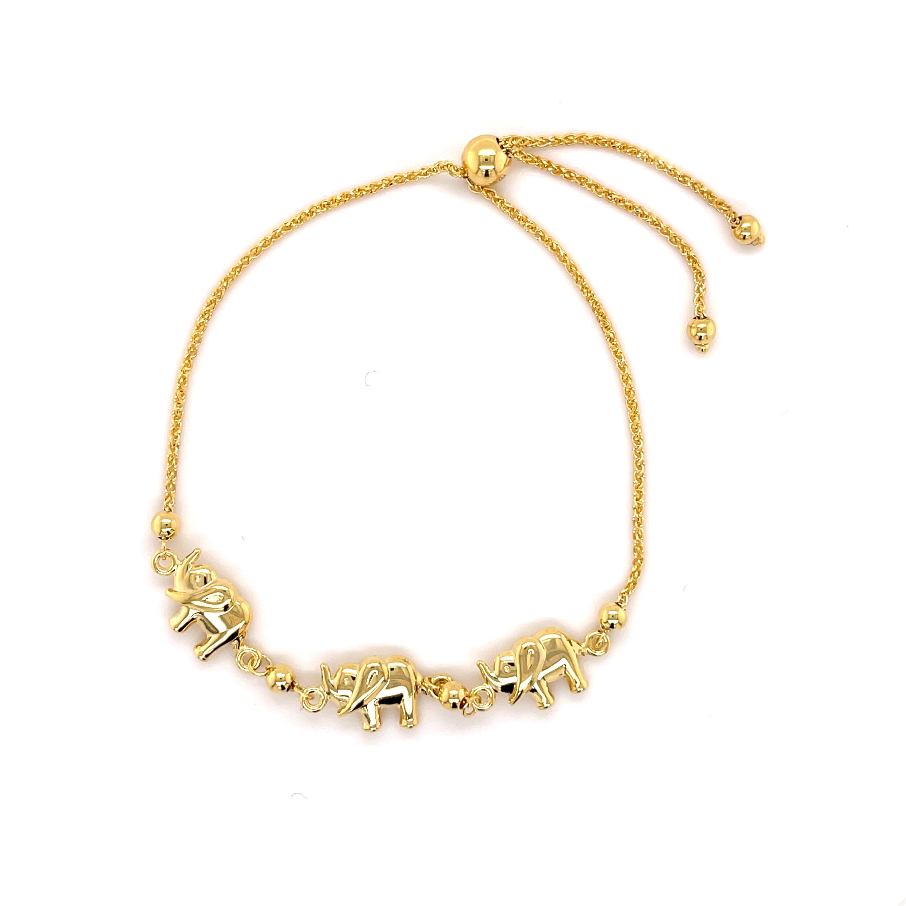 14K solid gold elephant charm friendship bracelet featuring three polished elephant charms on a dainty adjustable chain with a slide clasp. Durable, elegant, and versatile, this fine jewelry piece makes a thoughtful gift for birthdays, anniversaries, or everyday wear.