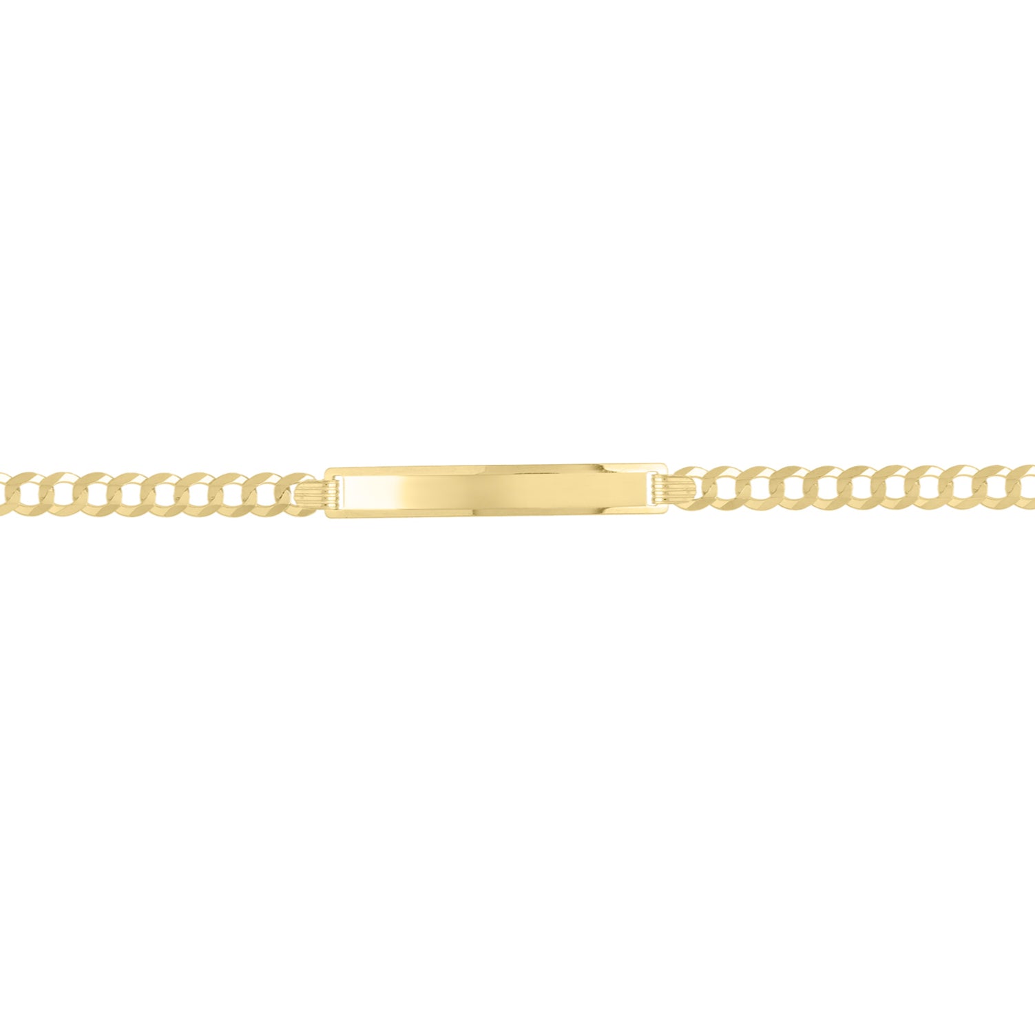 14K solid gold ID bar curb link bracelet featuring a sleek engravable plate and bold chain links. Designed in 7- and 8-inch lengths, this durable and tarnish-resistant bracelet is water-safe and secured with a lobster claw clasp. A versatile fine jewelry piece that makes an elegant and personalized gift for men or women on birthdays, anniversaries, or milestone occasions.