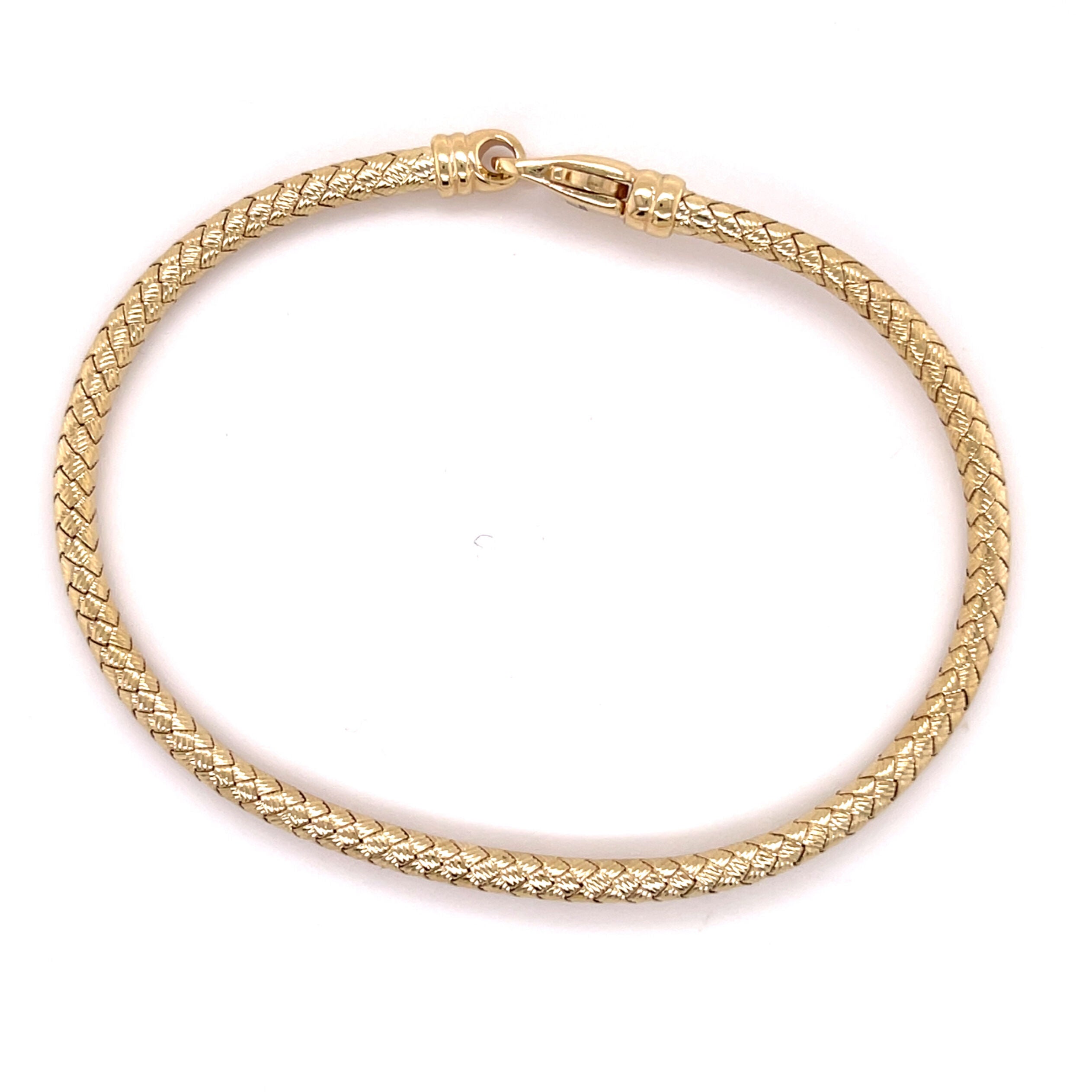 Elegant 14K yellow gold woven bangle bracelet with an intricate braided texture, offering timeless craftsmanship and lasting brilliance. Comfortable, durable, and versatile, it makes a refined fine jewelry gift for birthdays, anniversaries, weddings, and milestone celebrations.