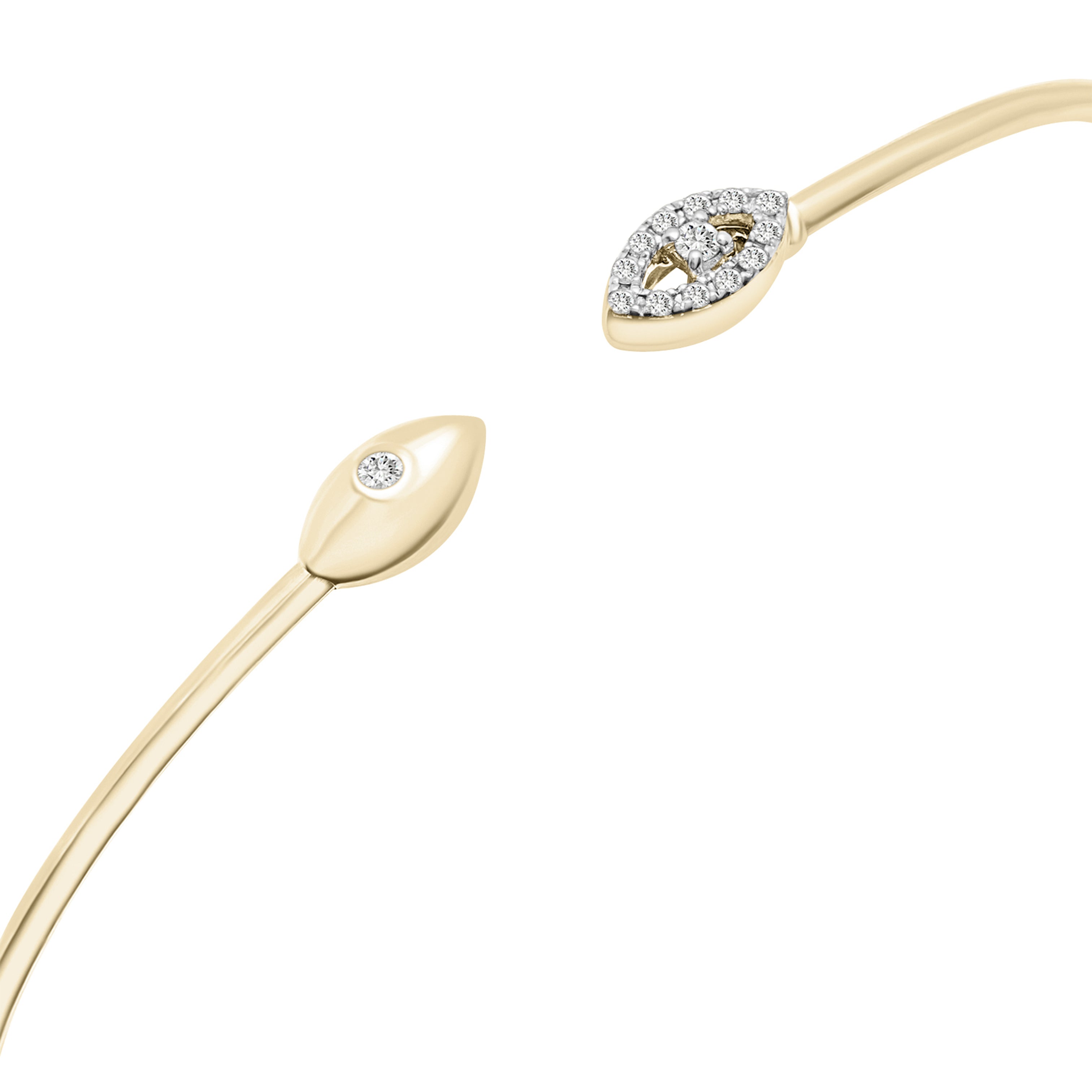 Crafted from 14K yellow gold, this diamond open cuff bangle offers a contemporary design with marquise-shaped ends, adorned with sparkling natural diamonds. A timeless addition to any jewelry collection.