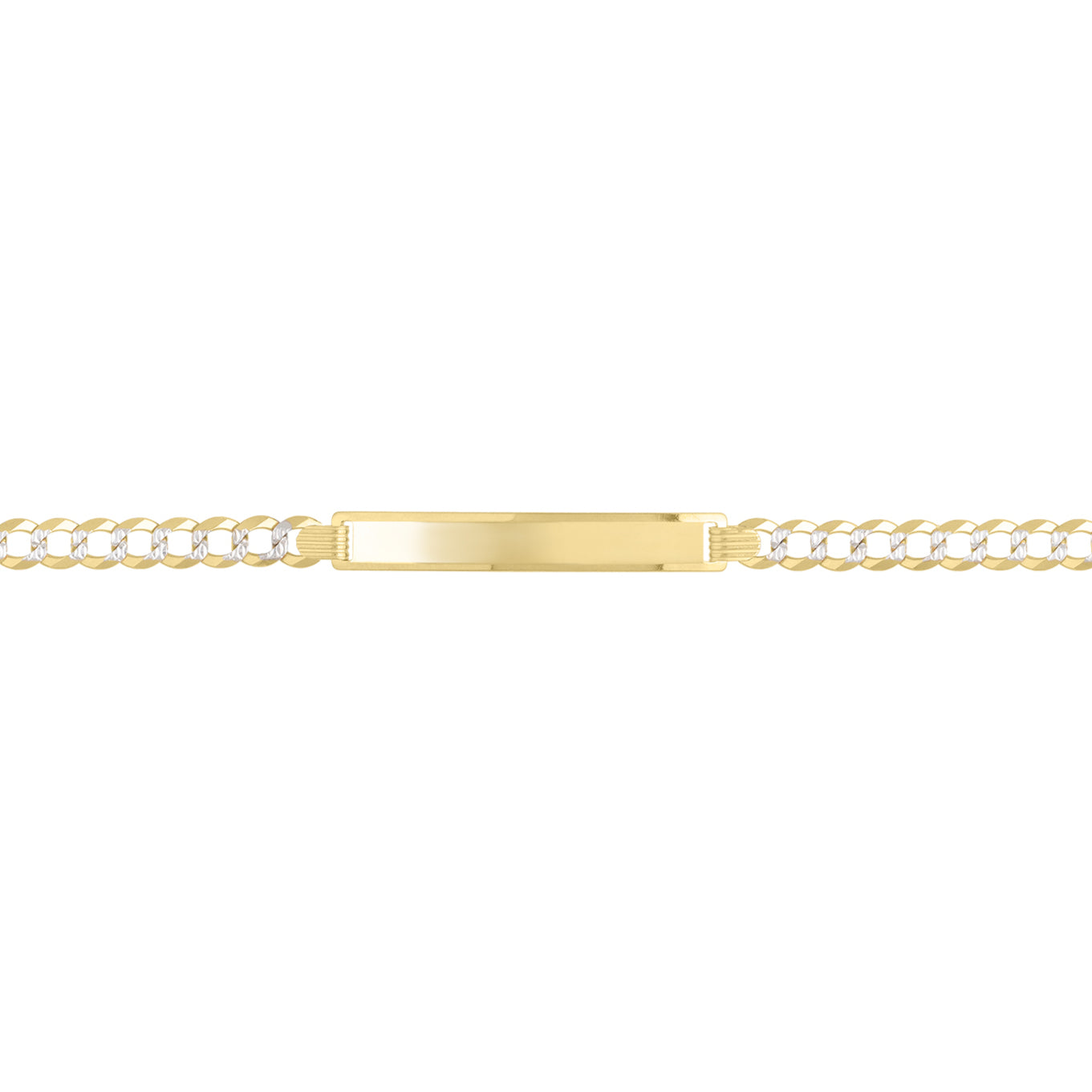 14K Two Tone Gold ID Curb Link Bracelet with a polished engravable bar and secure lobster clasp. This elegant fine jewelry piece is durable, versatile, and comfortable for everyday wear. A meaningful luxury gift idea for birthdays, anniversaries, weddings, and milestone celebrations.