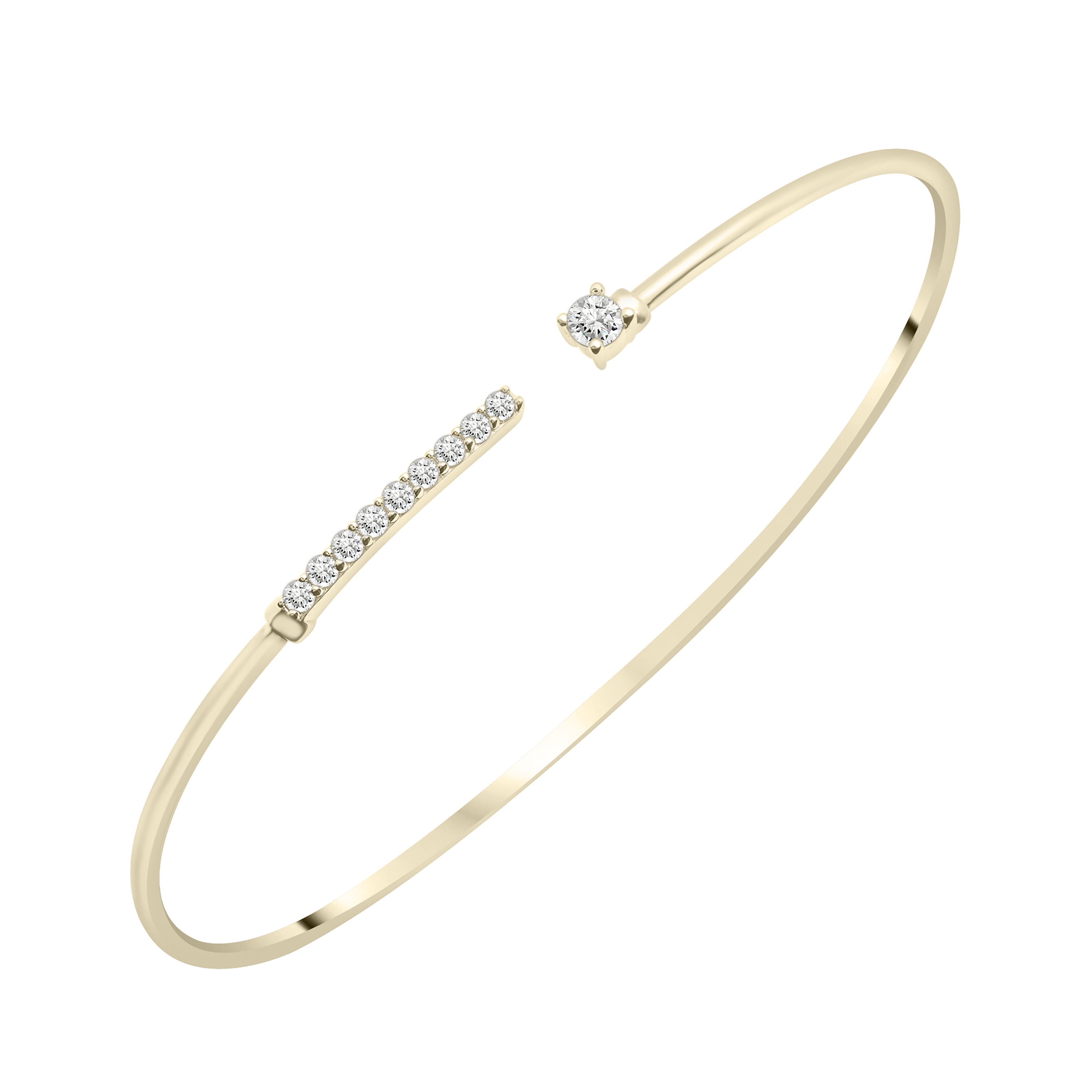 Crafted from 14K yellow gold, this Diamond Bar Cuff Bangle Bracelet showcases a row of radiant diamonds, offering a modern, refined look that complements any outfit effortlessly.