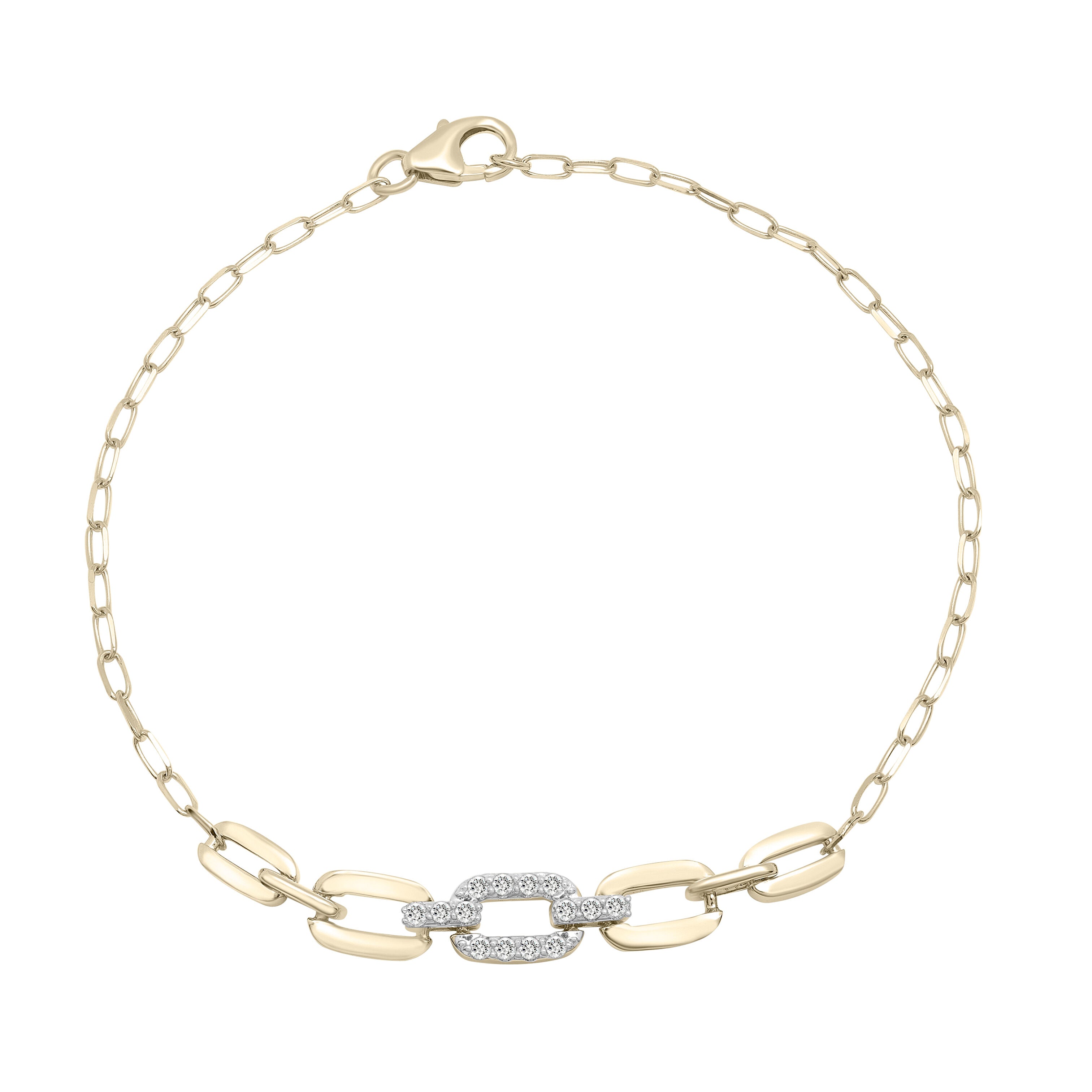 This 14K Yellow Gold Graduated Paperclip Bracelet features alternating links with a diamond-encrusted center link, adding a sophisticated sparkle to any outfit. Perfect for both everyday and special occasions.