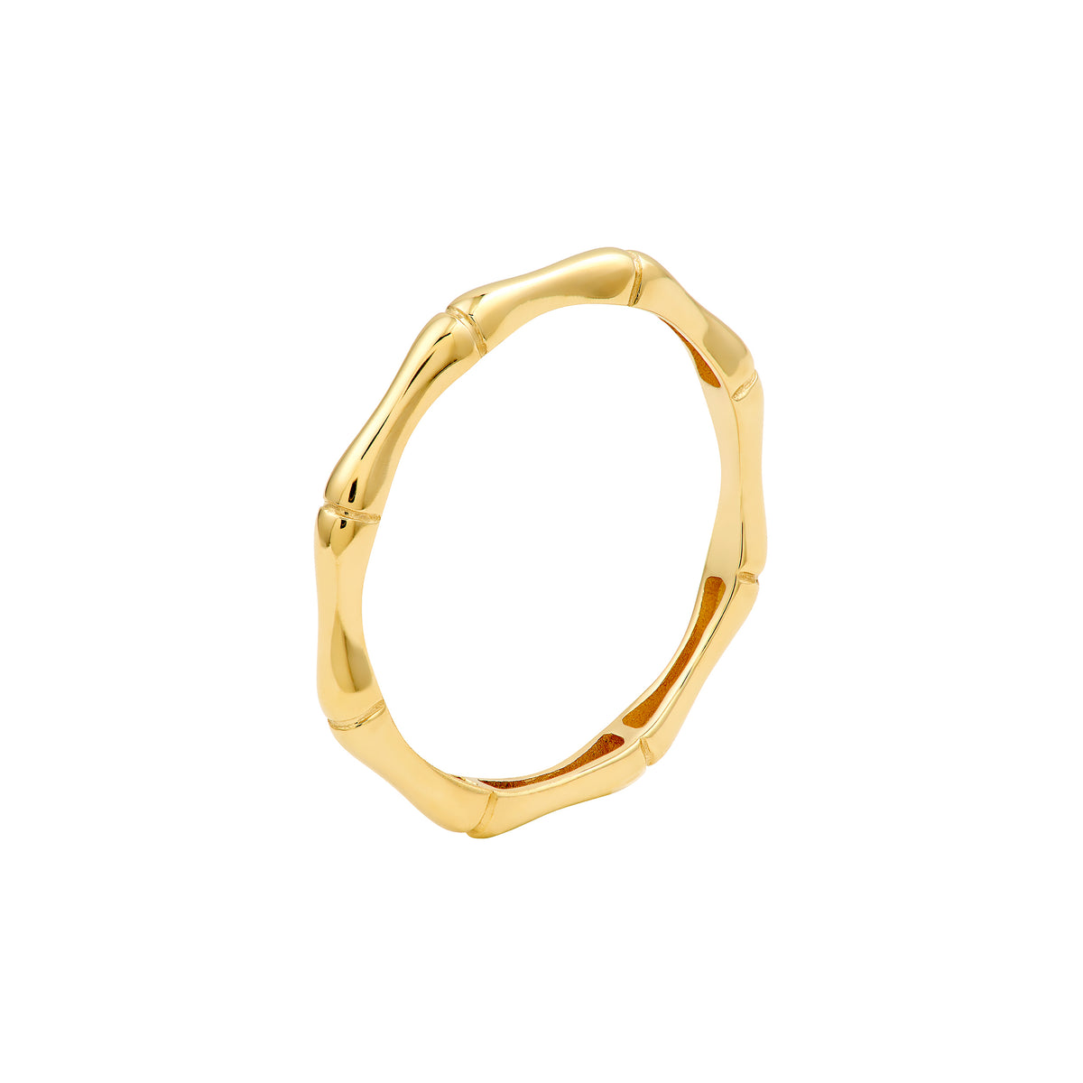 14K yellow gold bamboo band ring displayed with smooth sculpted gold detailing