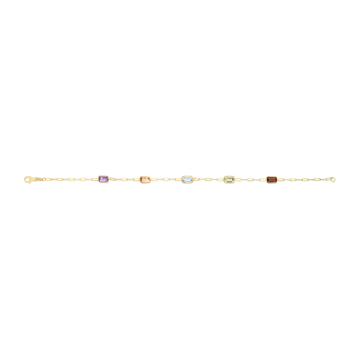 14K gold gemstone paperclip bracelet featuring multicolor natural gemstones set along a delicate chain