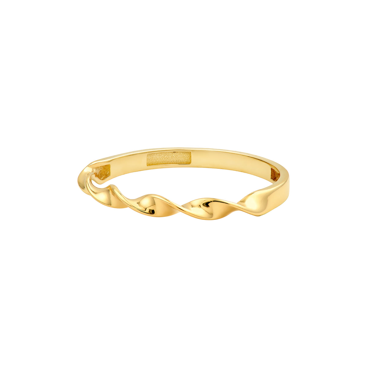 Close-up view of 14K yellow gold twist band ring showing curved spiral texture and polished finish