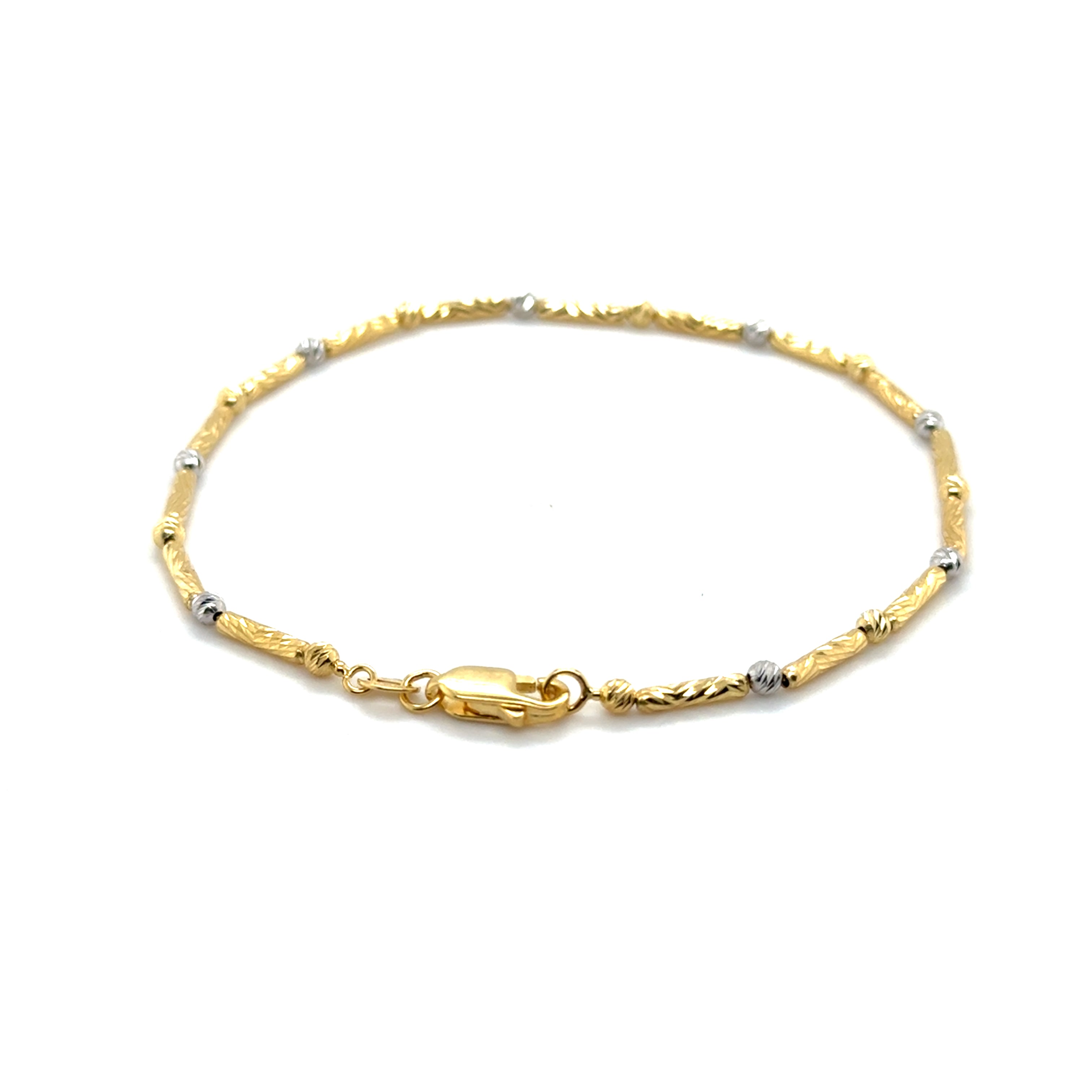 14K Two Tone Gold Bar and Bead Bracelet with alternating textures, an ideal meaningful gift for anniversaries, birthdays, or elegant milestones.
