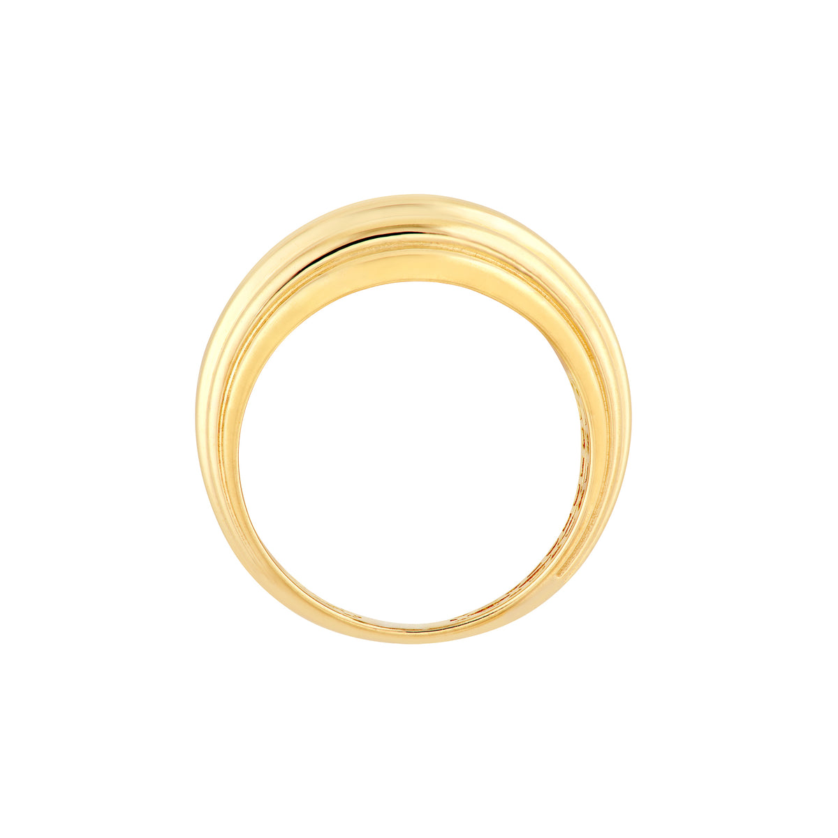 14K yellow gold statement ring with multiple polished bands creating a bold modern jewelry design
