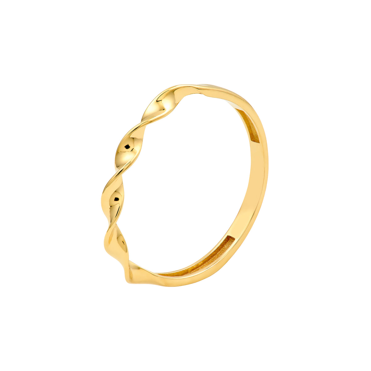 Close-up view of 14K gold twist band ring showing curved textured details