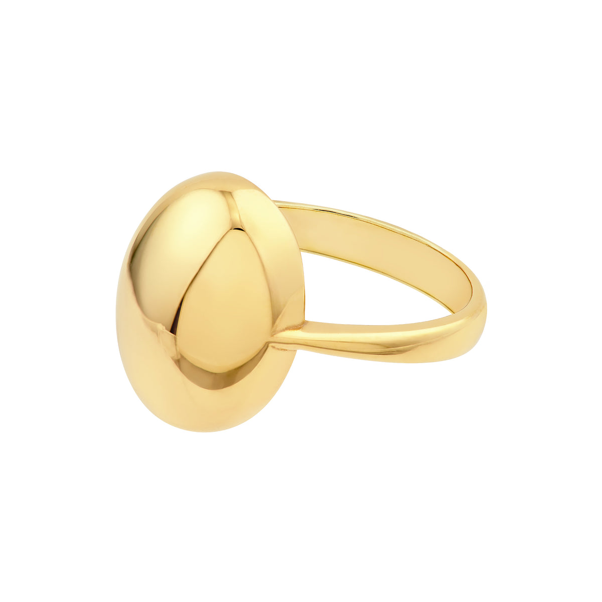 Close-up product image of 14K gold puffy oval ring with smooth sculptural oval top and polished band