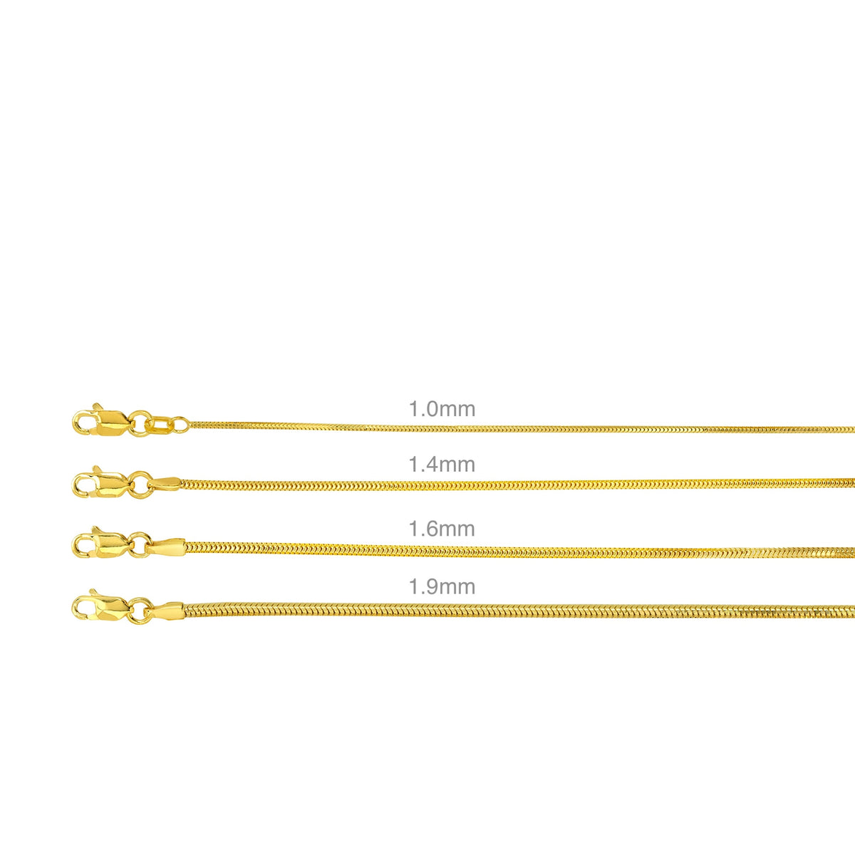 14K Yellow Gold Round Snake Chain Necklace 1.0mm–1.9mm