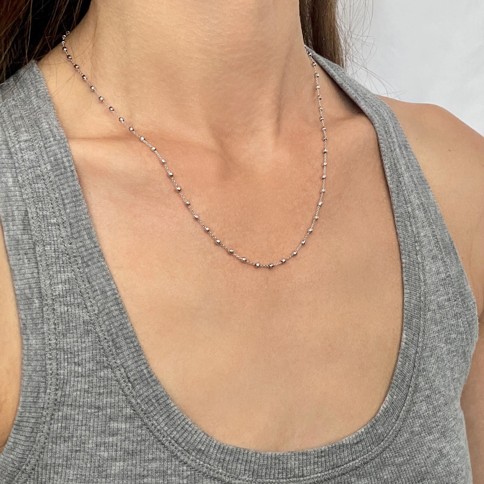 14K SOLID WHITE GOLD SATURN BEAD NECKLACE CHAIN WOMEN