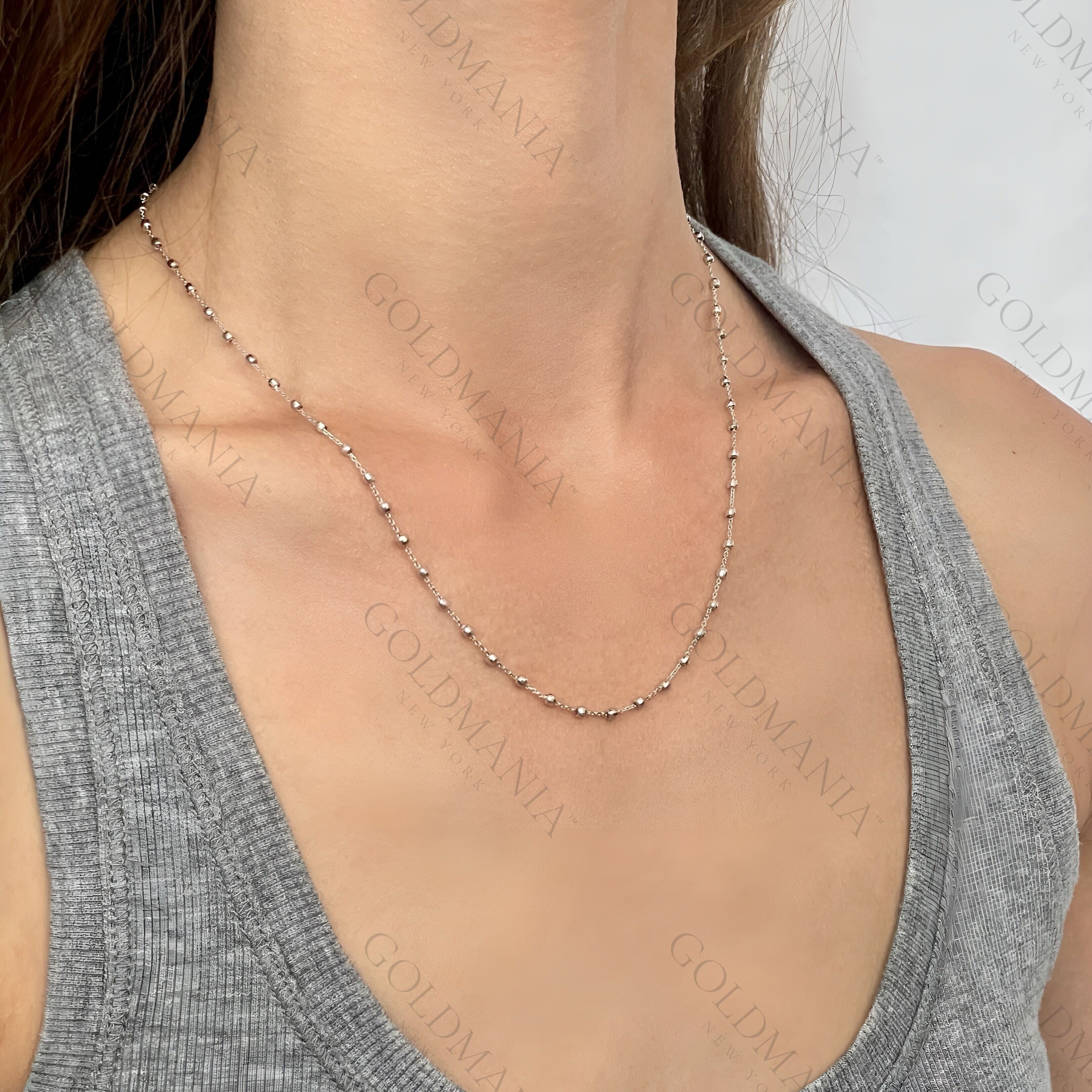 14K SOLID WHITE GOLD SATURN BEAD NECKLACE CHAIN WOMEN