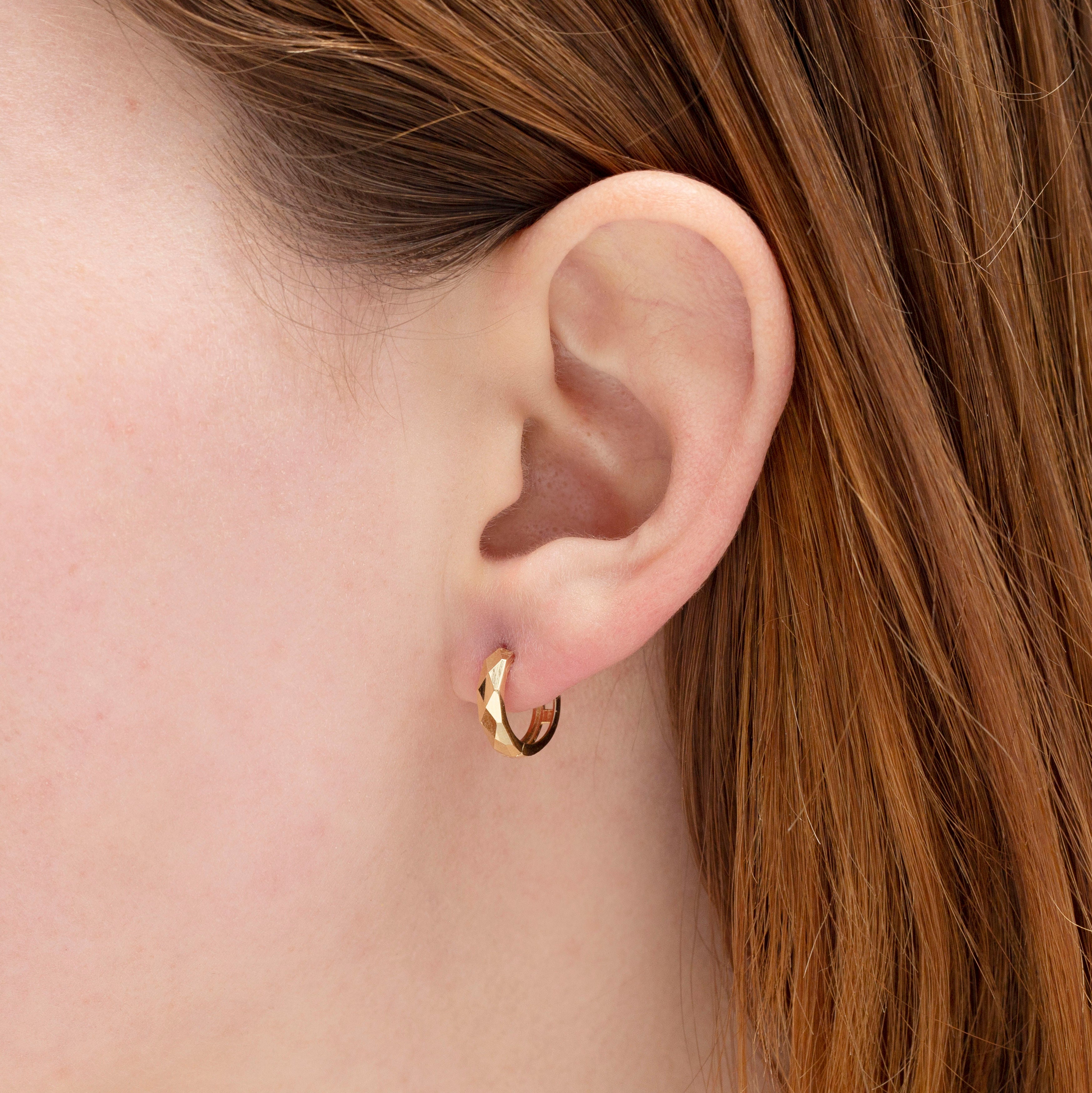 14K Gold Faceted Huggie Hoop Earrings