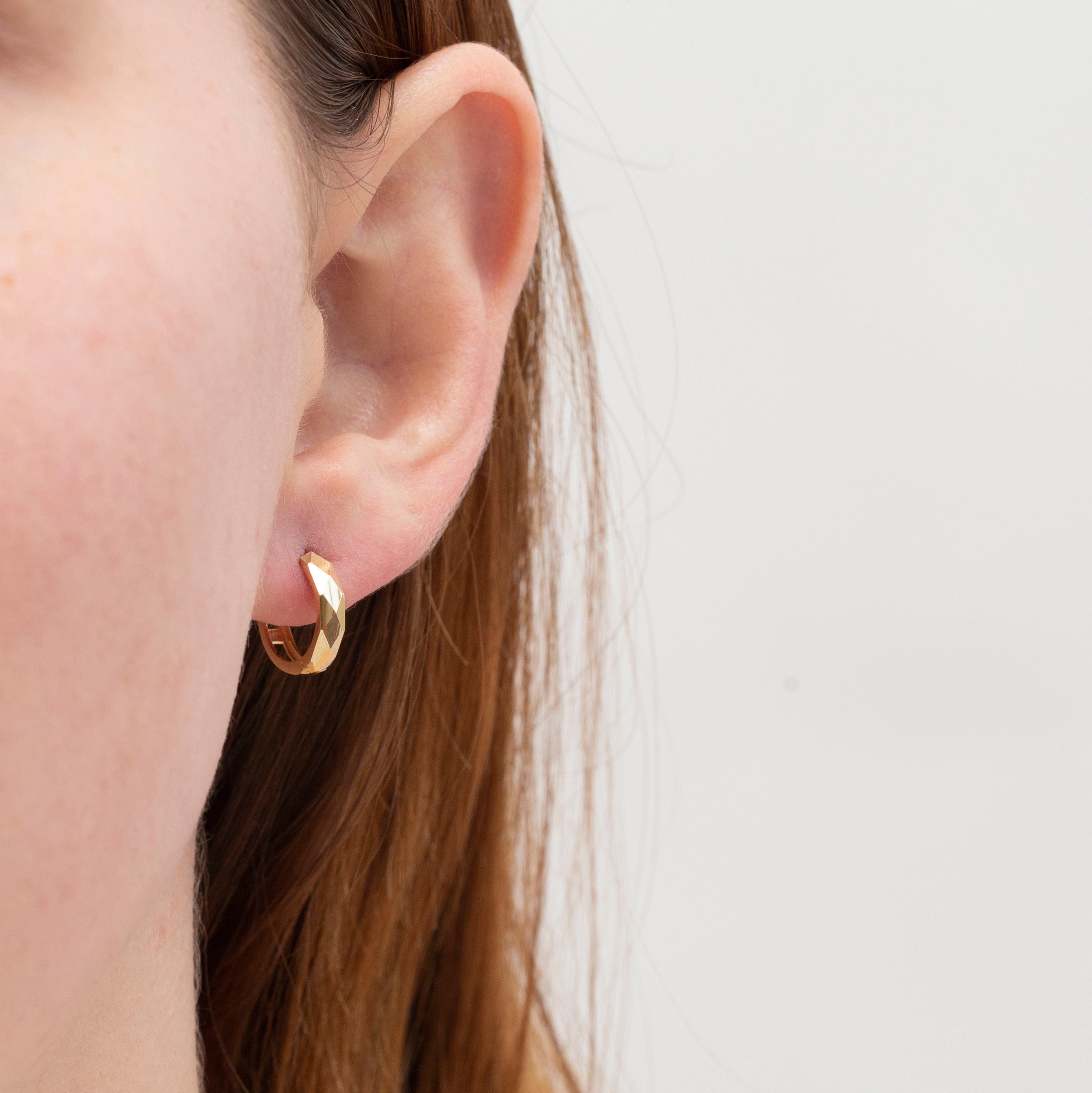 14K Gold Faceted Huggie Hoop Earrings