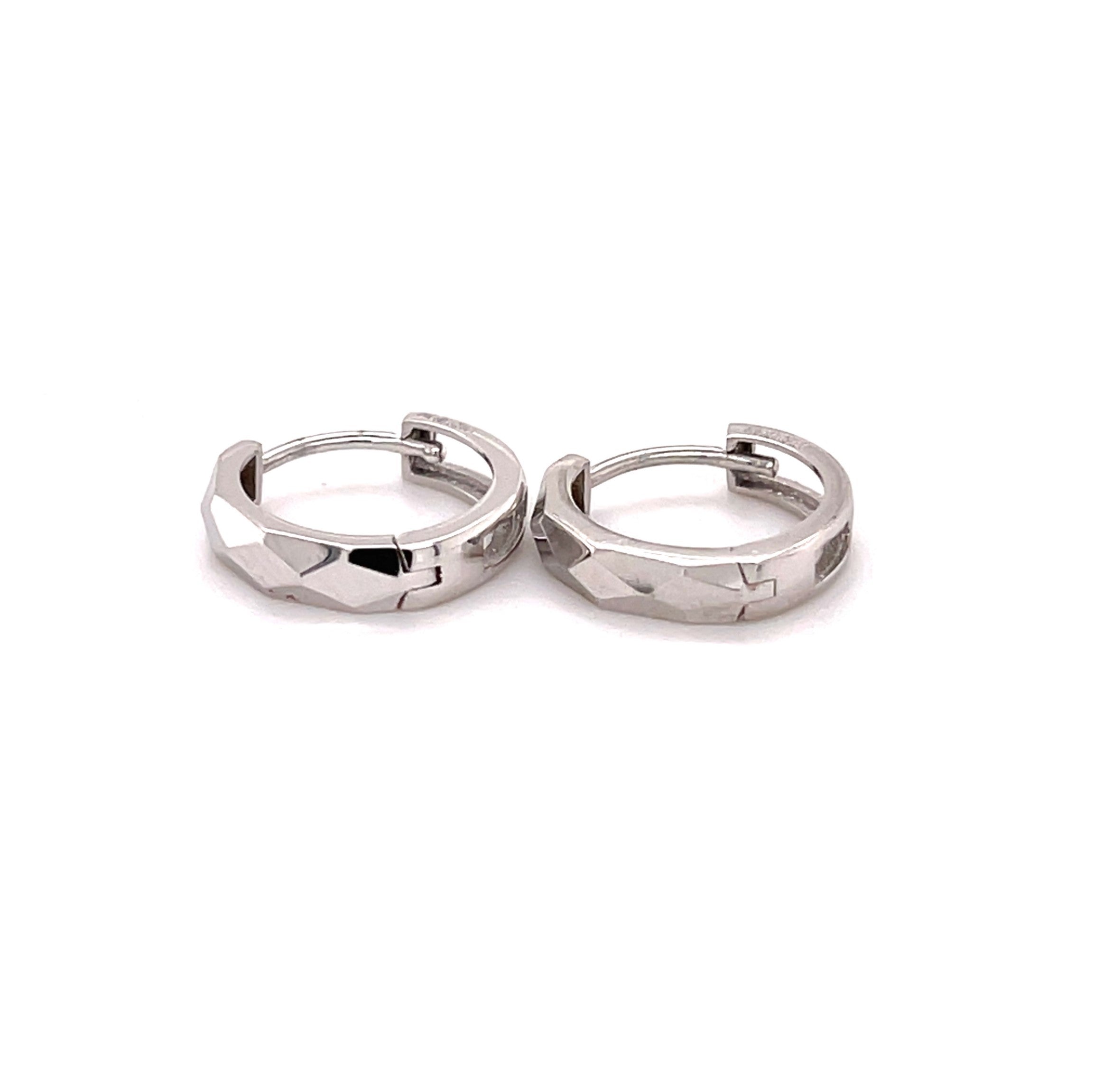 14K White Gold Faceted Huggie Hoops