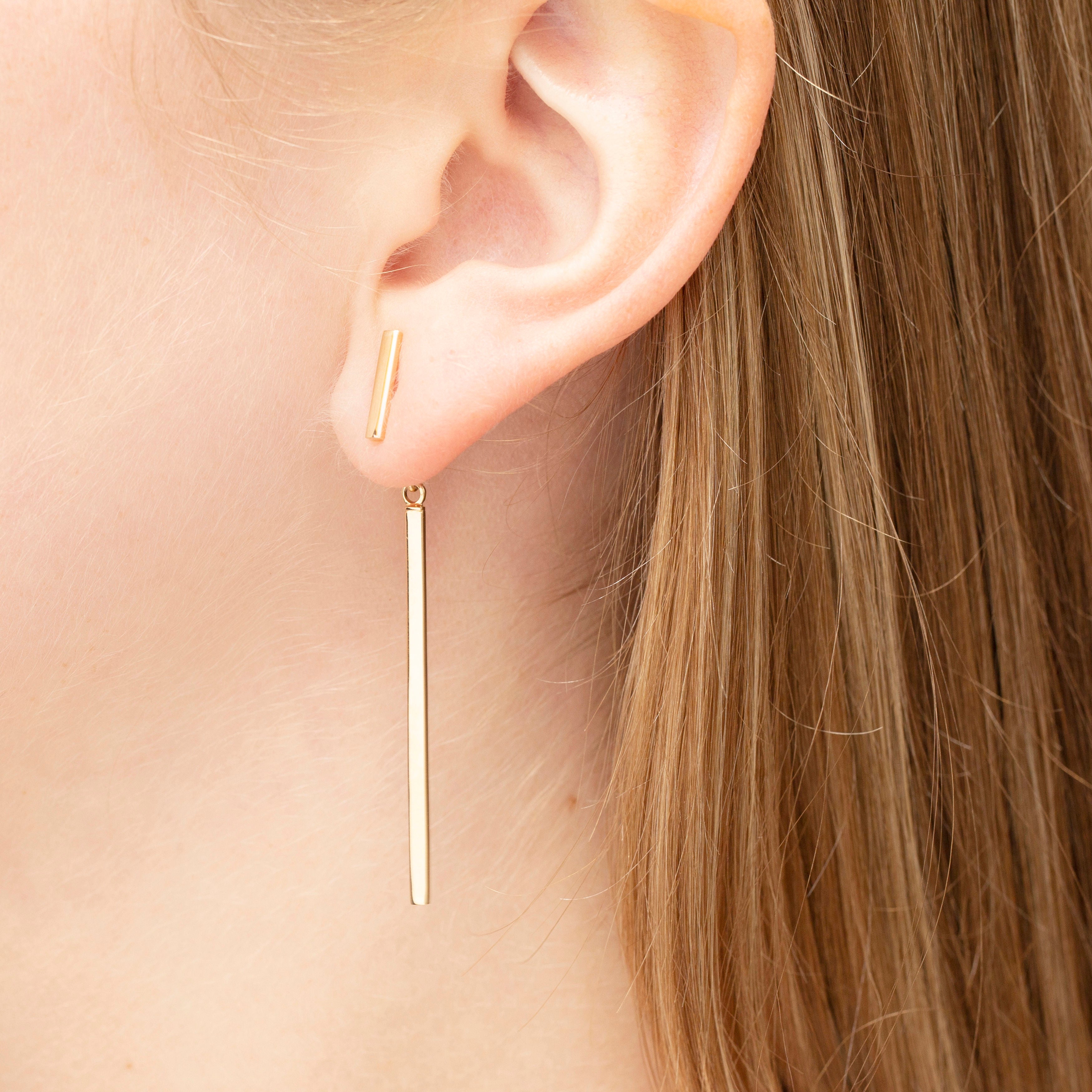 14K Gold Bar Drop Earrings