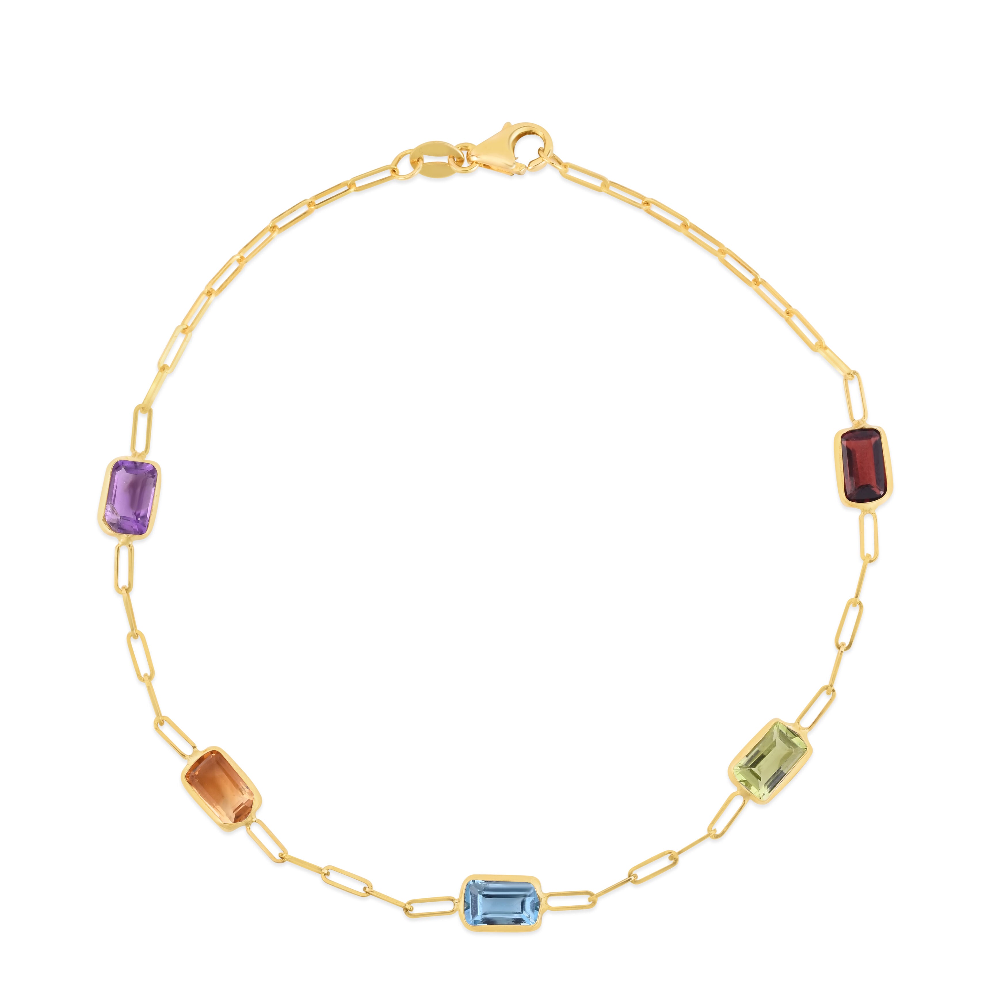 14K Gold Natural Gemstone Station Paperclip Bracelet, 7 Inch, Lobster clasp, Birthstone Bracelet