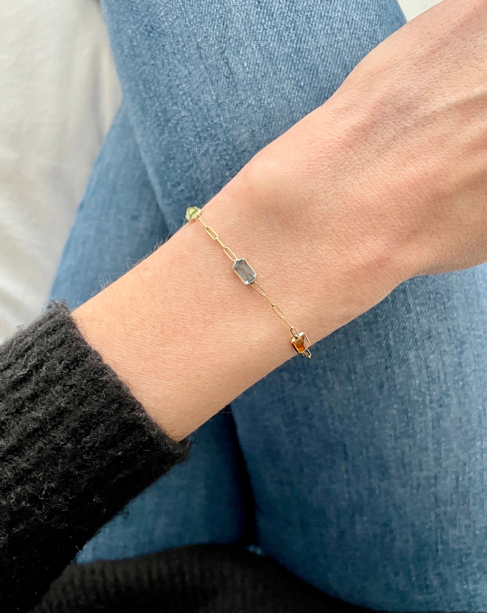 14K Gold Natural Gemstone Station Paperclip Bracelet