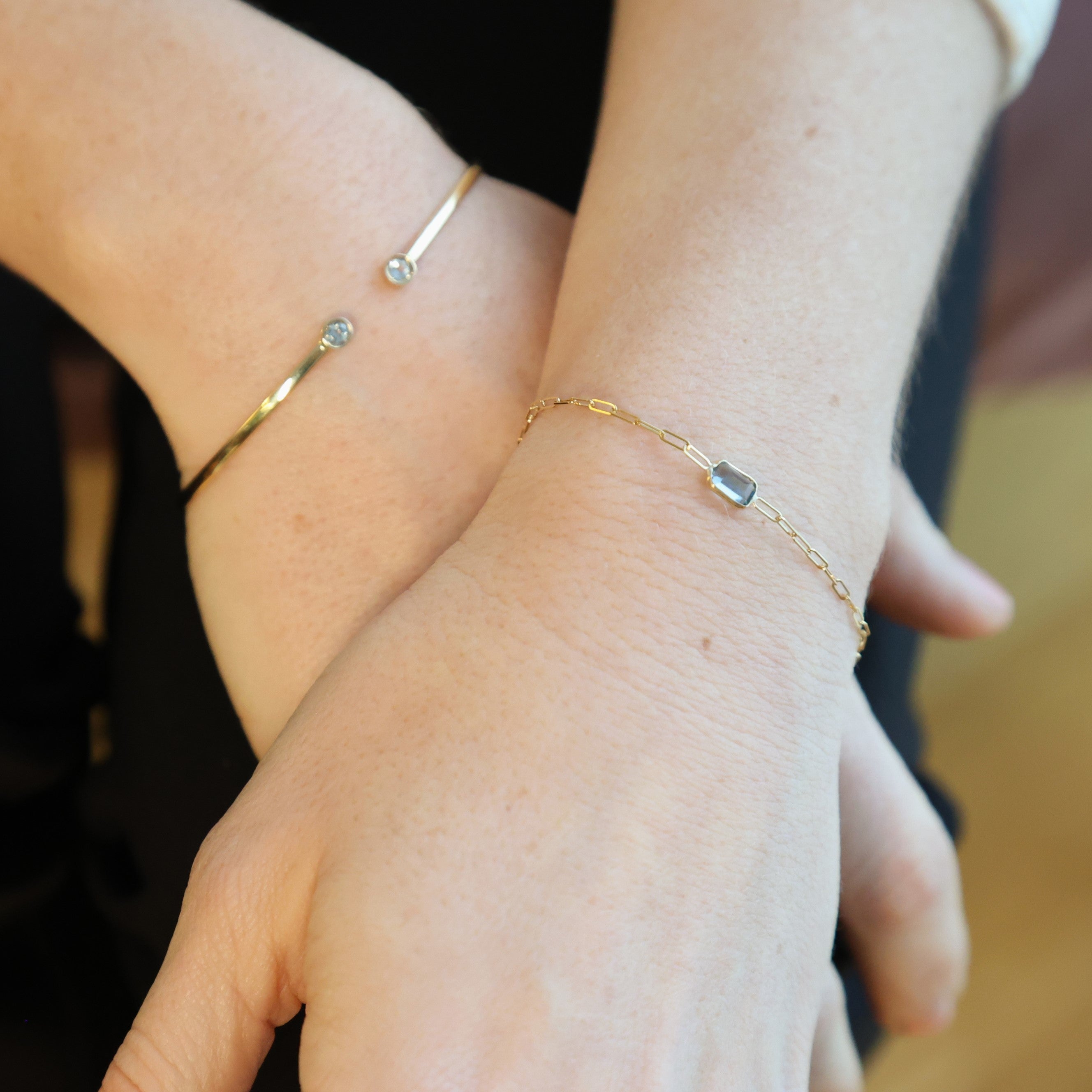 14K Yellow Gold Gemstone Paperclip Bracelet Women Birthstone Bracelet