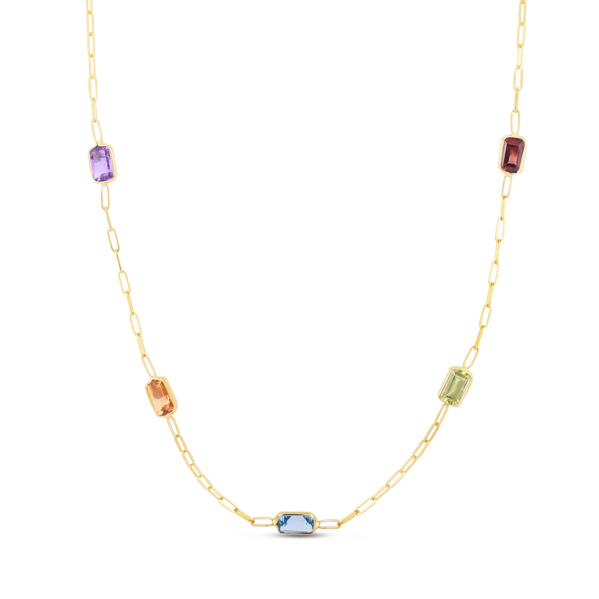 14K Gold Natural Gemstone Station Paperclip Necklace, Birthstone Necklace, 17 Inch