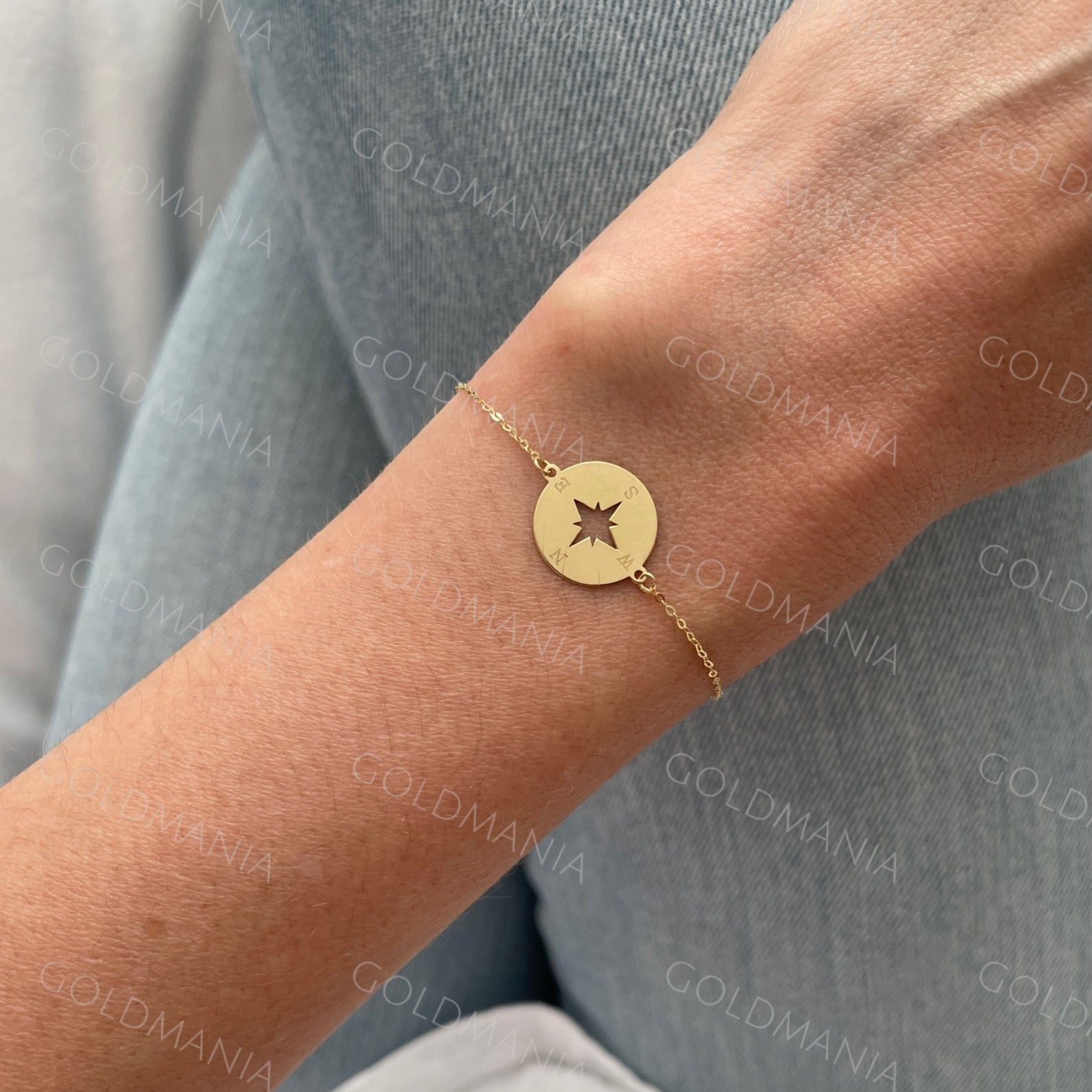 14K Gold North Star Compass Bracelet Women