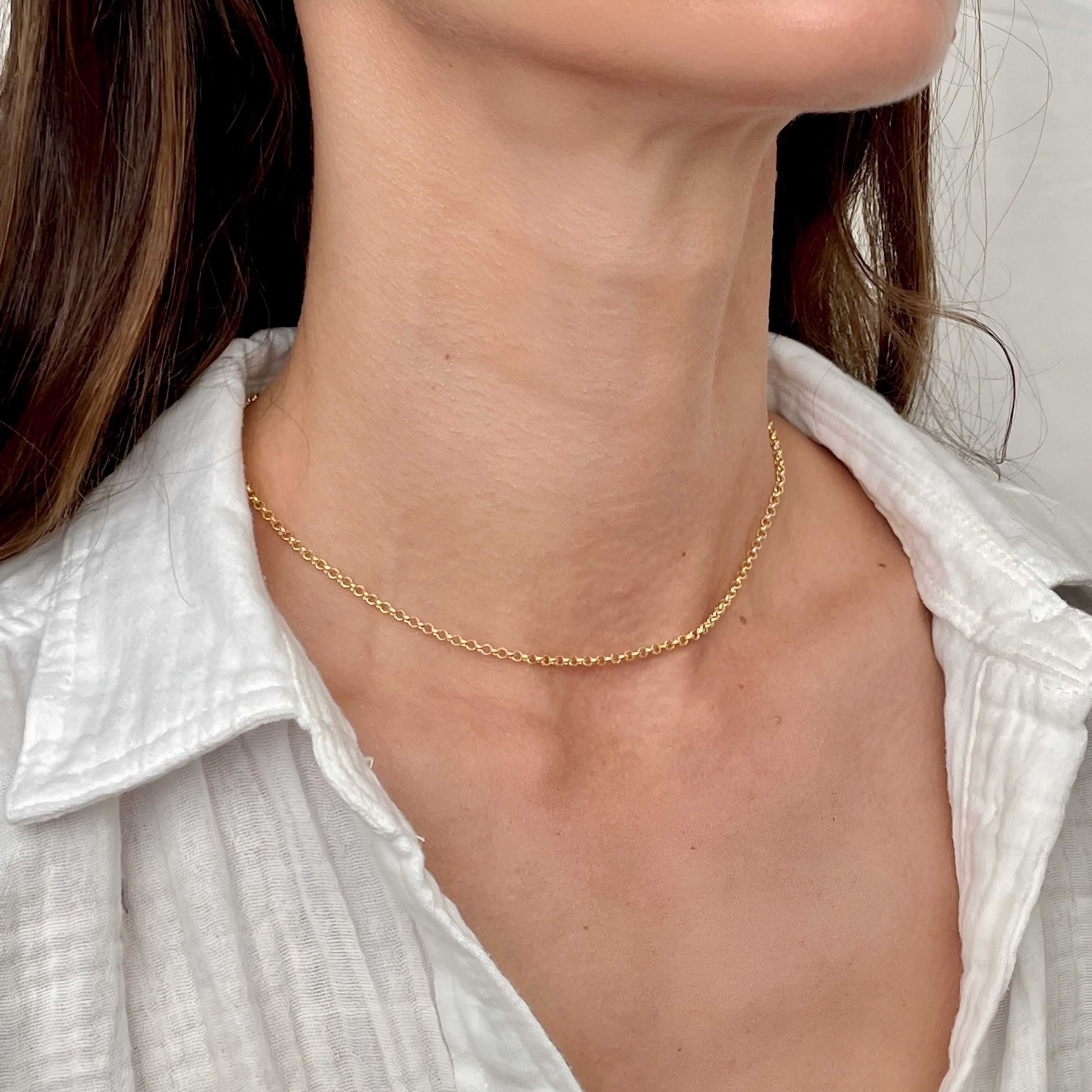 14K Gold Rolo Link Choker Necklace 14 Inch Women