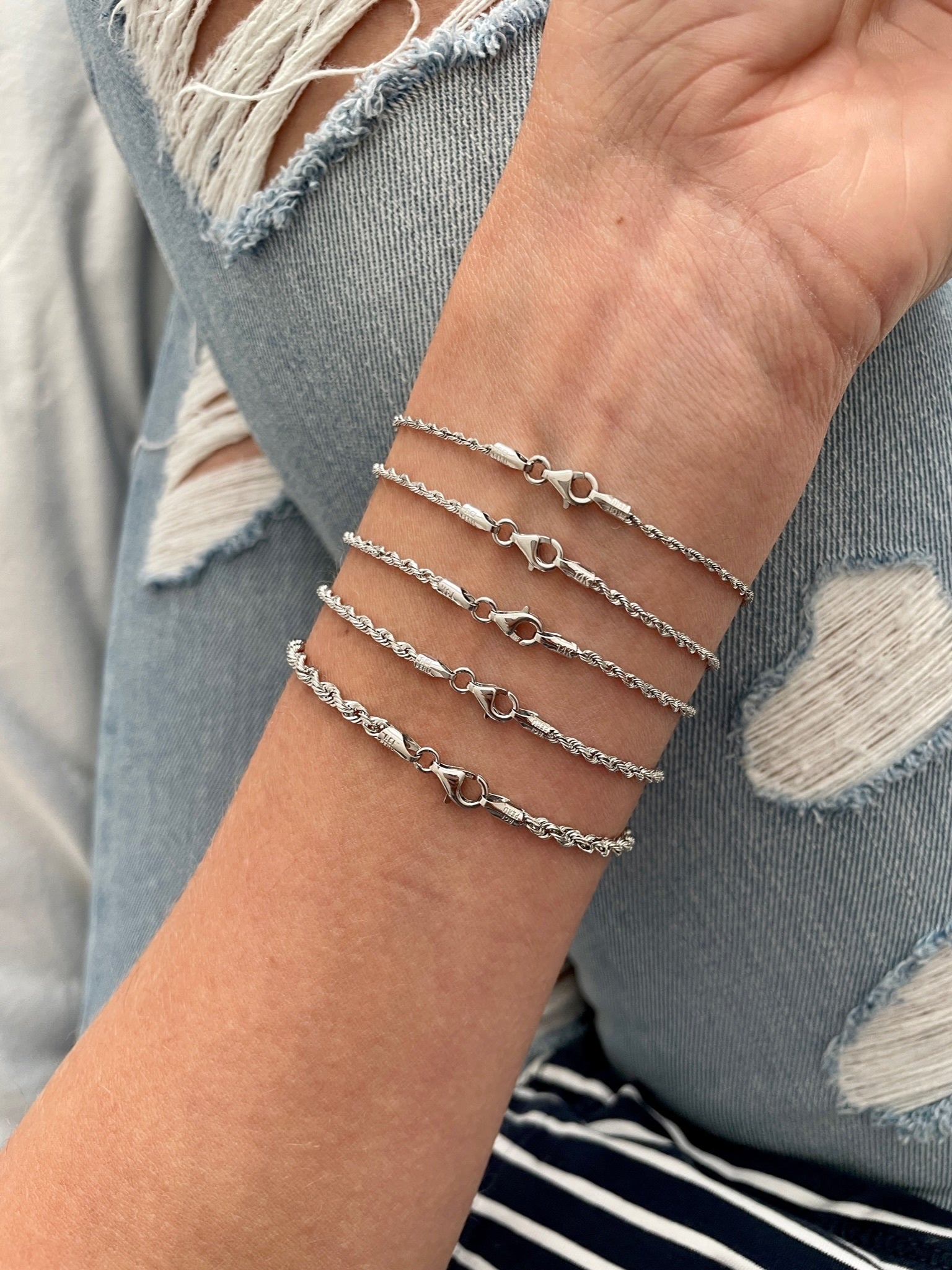 14K White Gold Rope Chain Bracelet, Diamond Cut, 1.5-3mm Thick