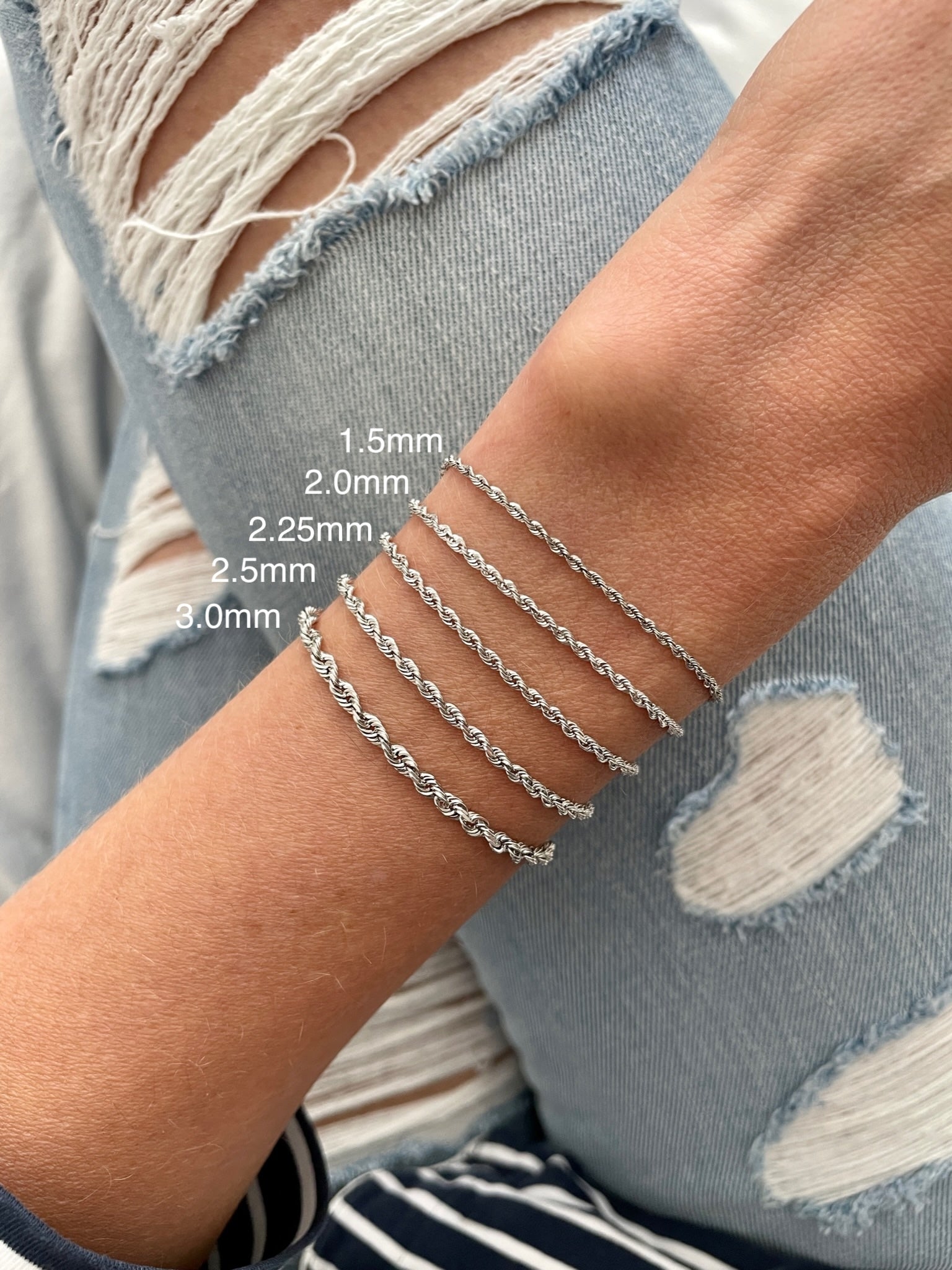 14K White Gold Rope Chain Bracelet, Diamond Cut, 1.5-3mm Thick