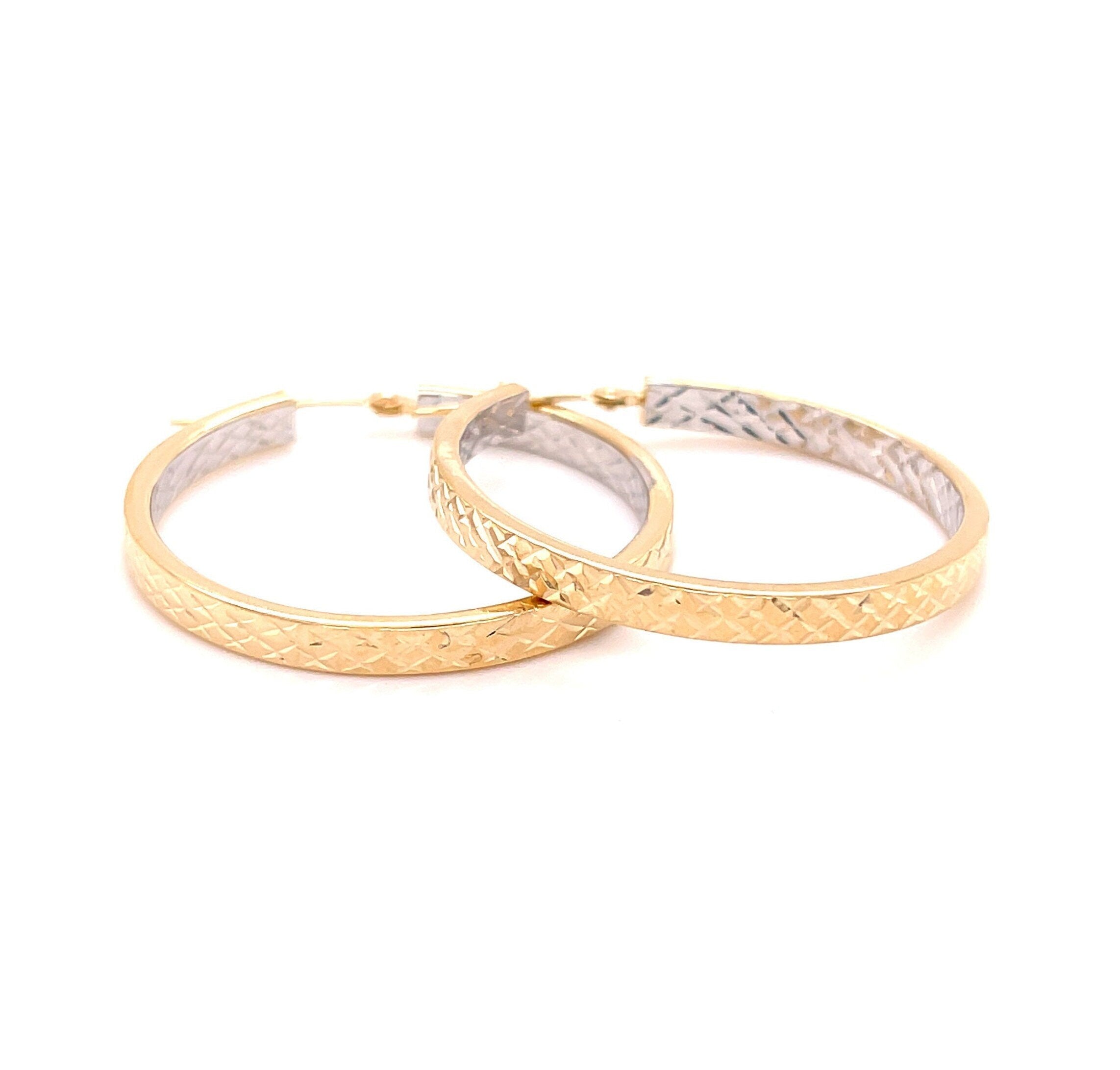 14K Two Tone Gold Diamond Cut Hoops