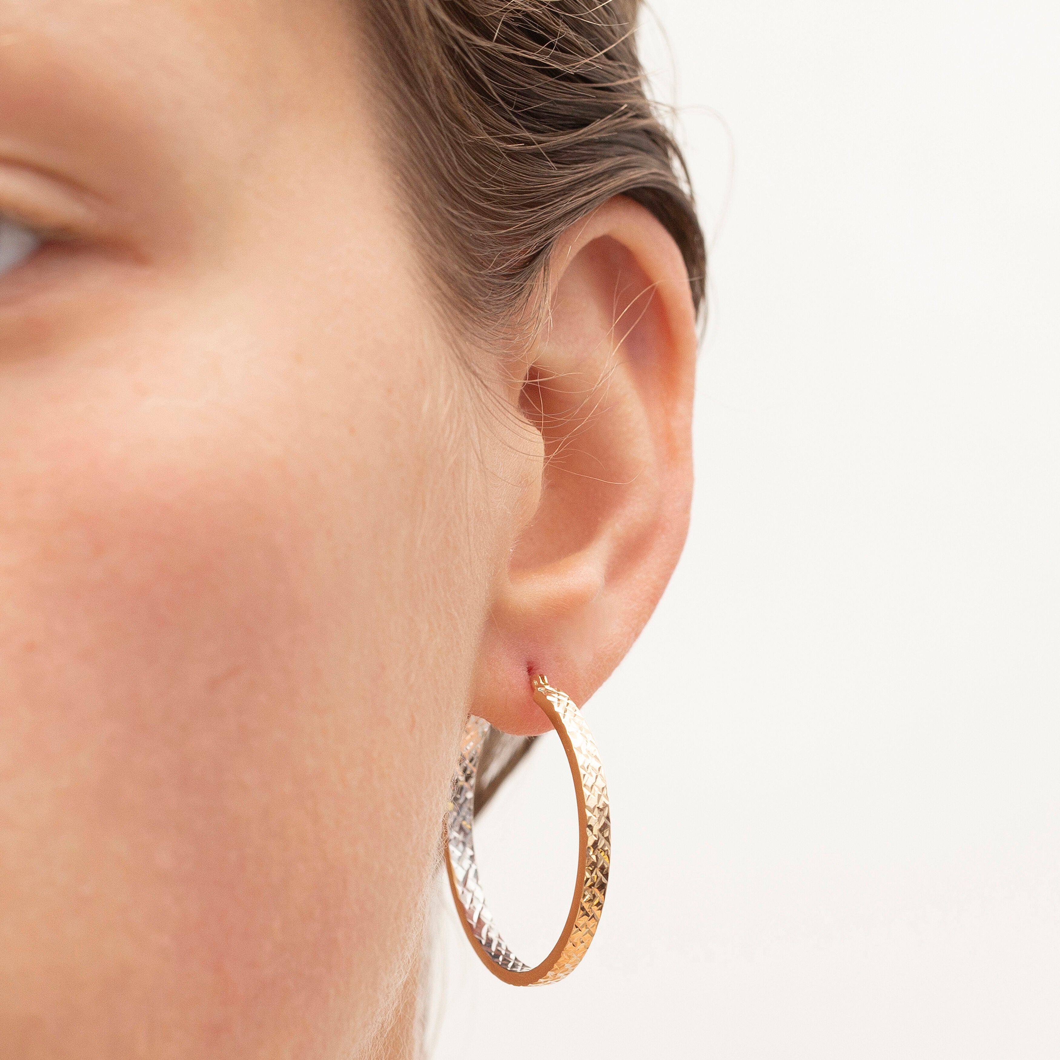 14K Two Tone Gold Diamond Cut Hoops