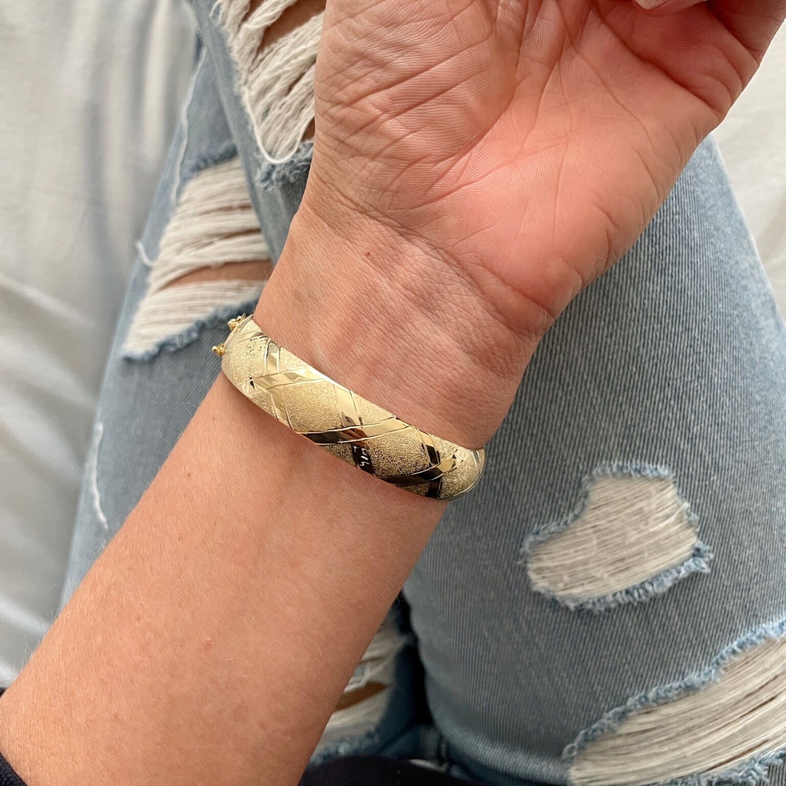 10K Gold Chunky Bangle: Polished And Textured X Pattern