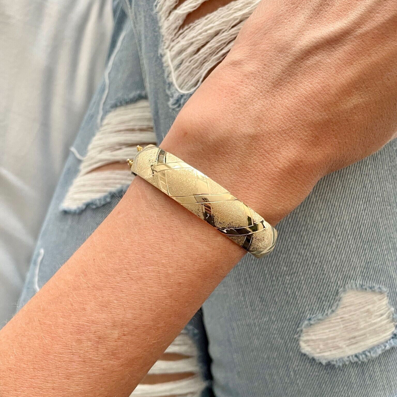 10K Gold Chunky Bangle: Polished And Textured X Pattern