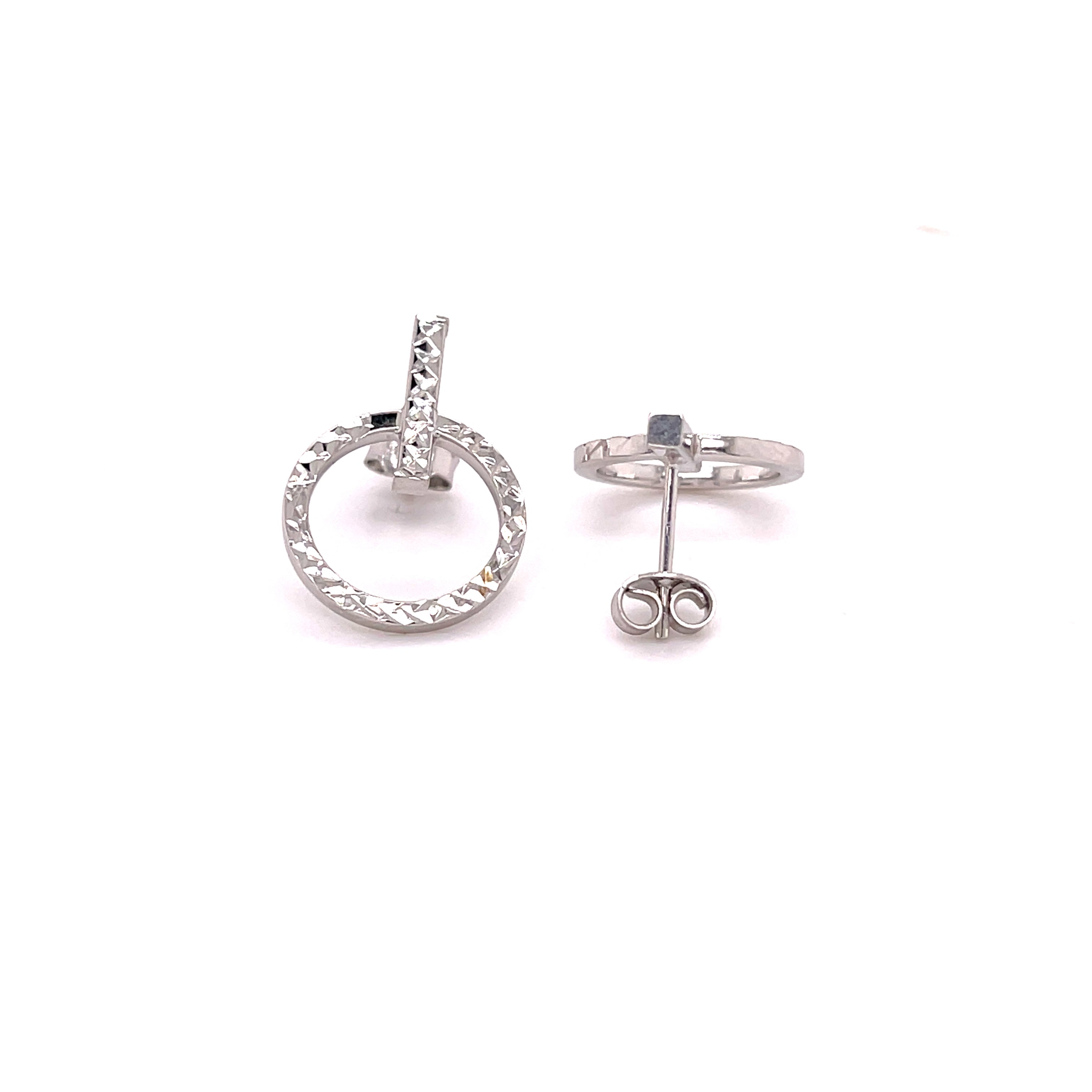 14K White Gold Circle and Bar Stud Earrings: Diamond Cut