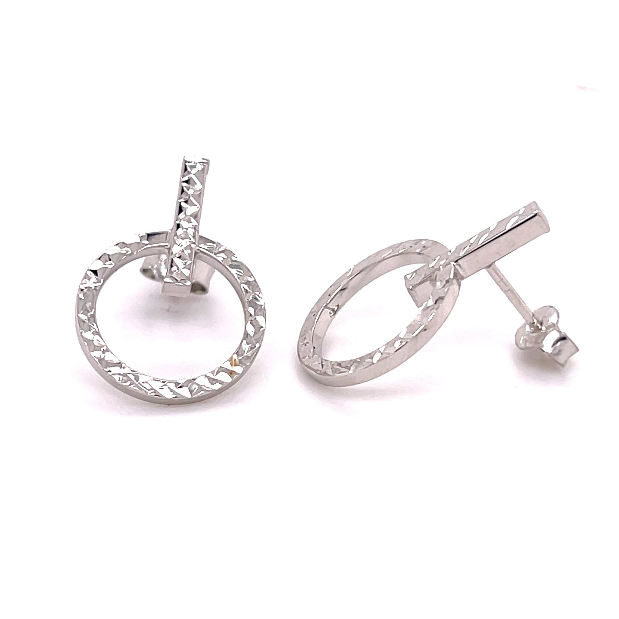 14K White Gold Circle and Bar Stud Earrings: Diamond Cut